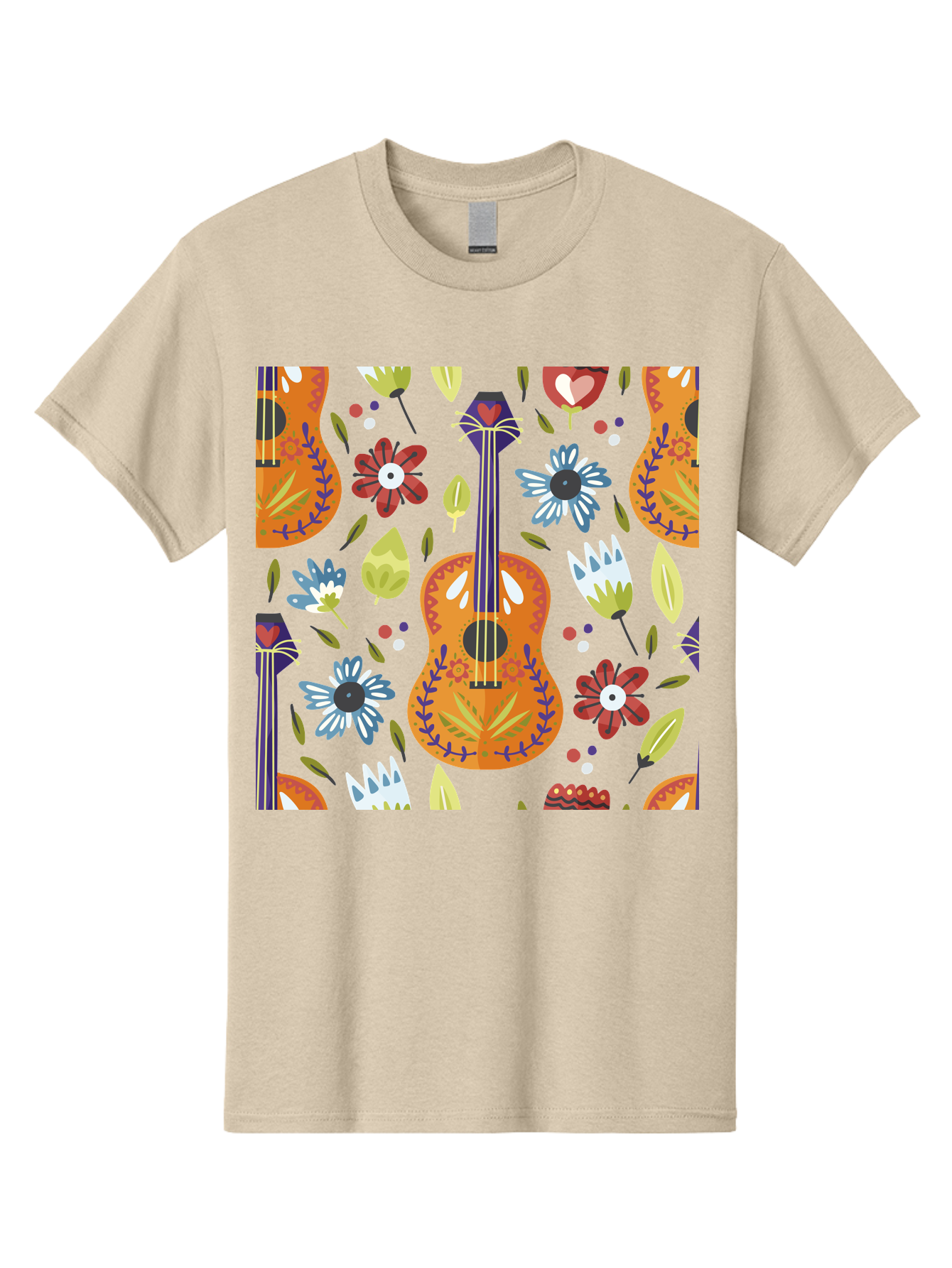 Ukulele-Floral-Pattern Men'S Graphic Tee, 100% Cotton, Comfortable Casual Summer Wear, Machine Washable, Ukulele, Floral Pattern, Flowers, Leaves, Hearts, Musical Instrument, Whimsical Design, Vibrant Colors, Playful Motifs, -  Aaa305 13