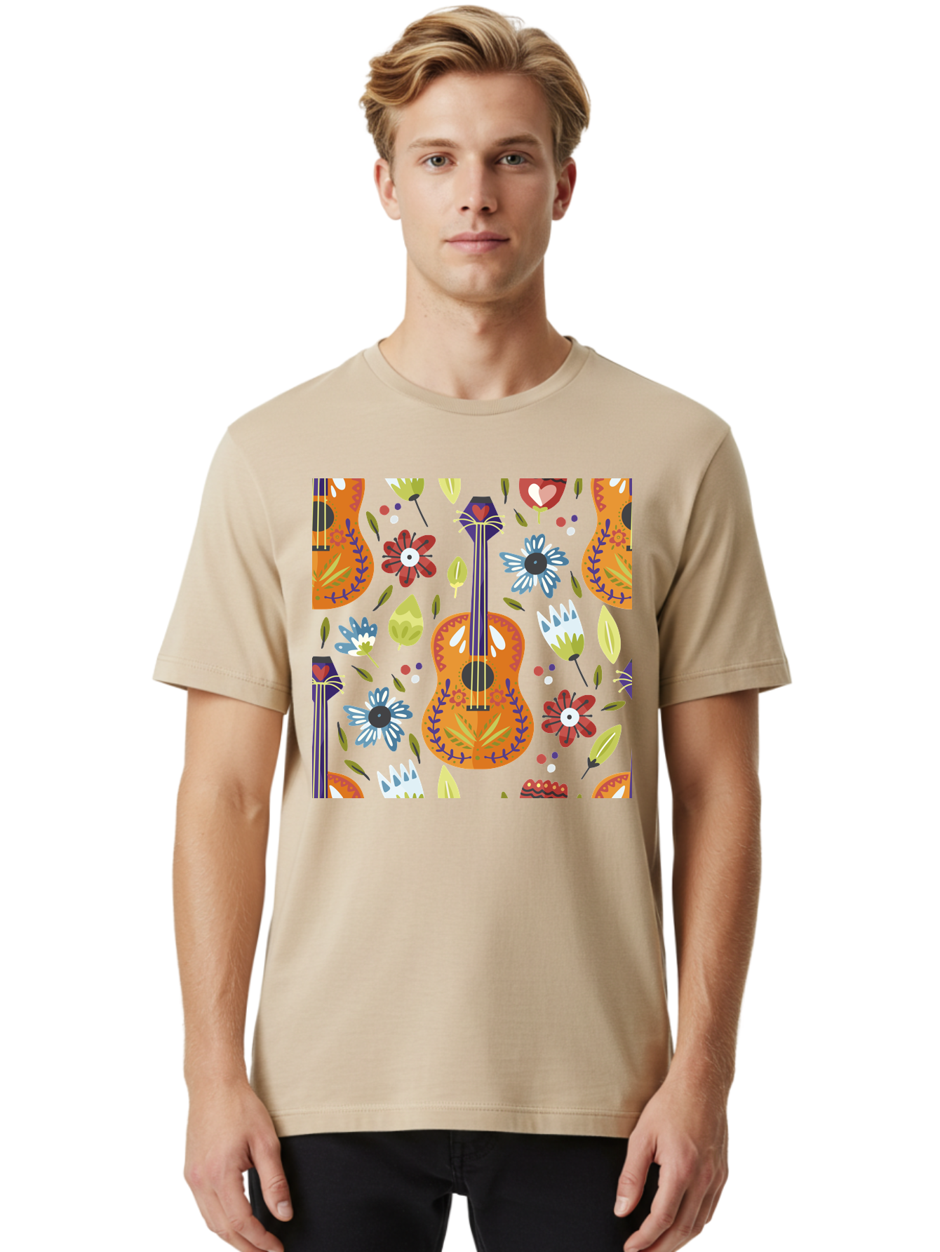 Ukulele-Floral-Pattern Men'S Graphic Tee, 100% Cotton, Comfortable Casual Summer Wear, Machine Washable, Ukulele, Floral Pattern, Flowers, Leaves, Hearts, Musical Instrument, Whimsical Design, Vibrant Colors, Playful Motifs, -  Aaa305 14