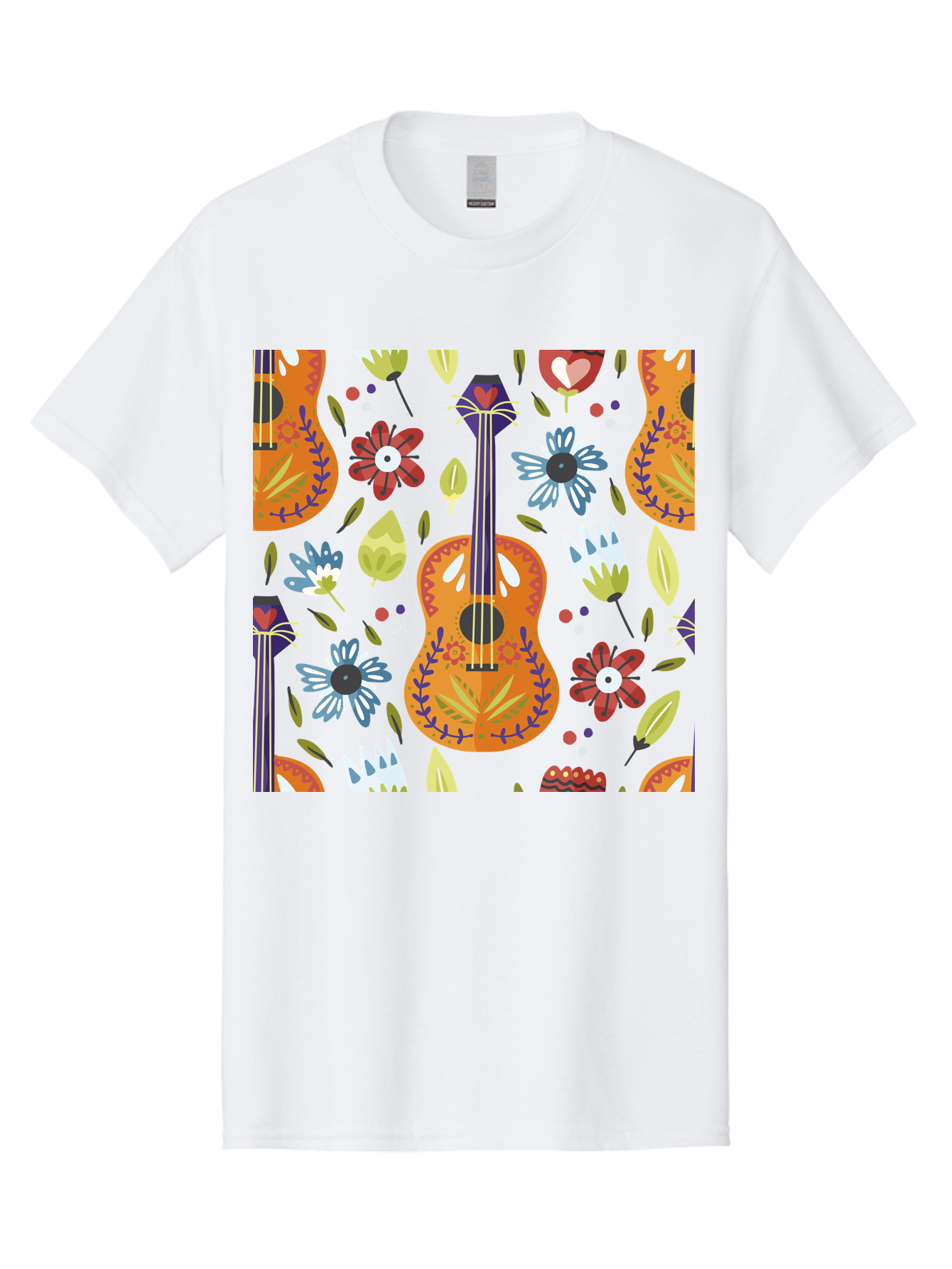 Ukulele-Floral-Pattern Men'S Graphic Tee, 100% Cotton, Comfortable Casual Summer Wear, Machine Washable, Ukulele, Floral Pattern, Flowers, Leaves, Hearts, Musical Instrument, Whimsical Design, Vibrant Colors, Playful Motifs, -  Aaa305 19