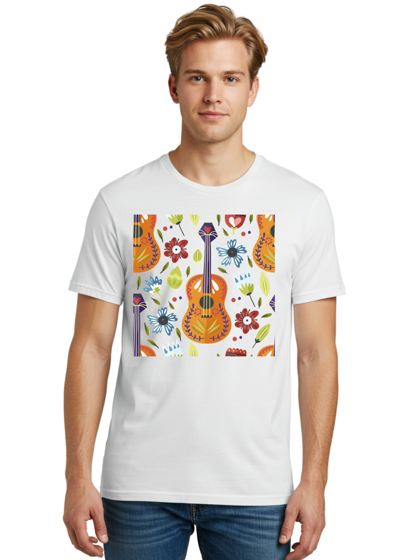 Ukulele-Floral-Pattern Men'S Graphic Tee, 100% Cotton, Comfortable Casual Summer Wear, Machine Washable, Ukulele, Floral Pattern, Flowers, Leaves, Hearts, Musical Instrument, Whimsical Design, Vibrant Colors, Playful Motifs, -  Aaa305 20