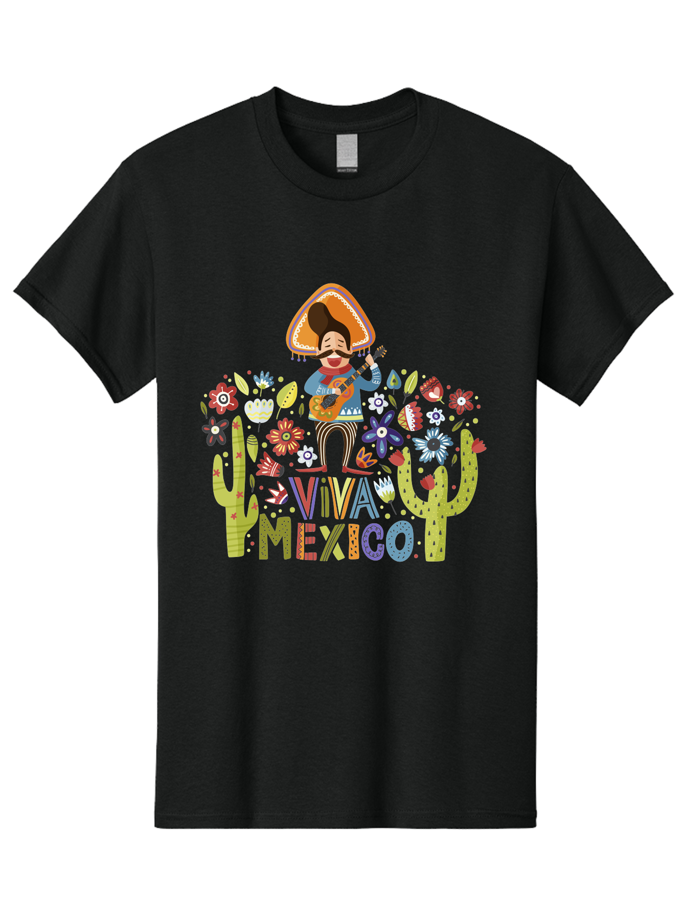 Viva-Mexico-1 Men'S Graphic Tee, 100% Cotton, Comfortable Casual Summer Wear, Machine Washable, Mexican Musician, Mariachi Playing Guitar, Festive Atmosphere, Colorful Flowers, Cacti, Cultural Heritage, Vibrant Colors, -  Aaa306 7