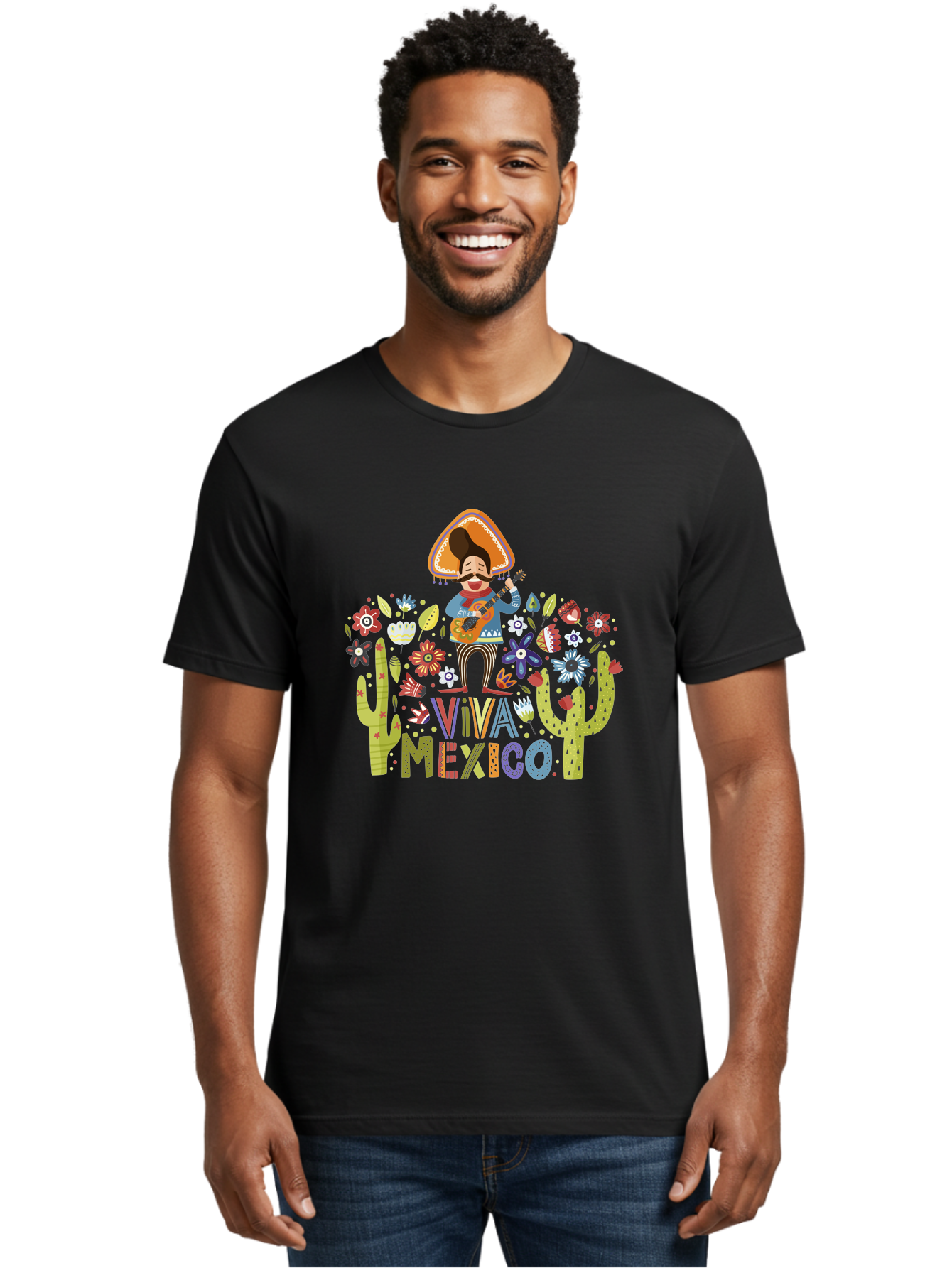 Viva-Mexico-1 Men'S Graphic Tee, 100% Cotton, Comfortable Casual Summer Wear, Machine Washable, Mexican Musician, Mariachi Playing Guitar, Festive Atmosphere, Colorful Flowers, Cacti, Cultural Heritage, Vibrant Colors, -  Aaa306 8