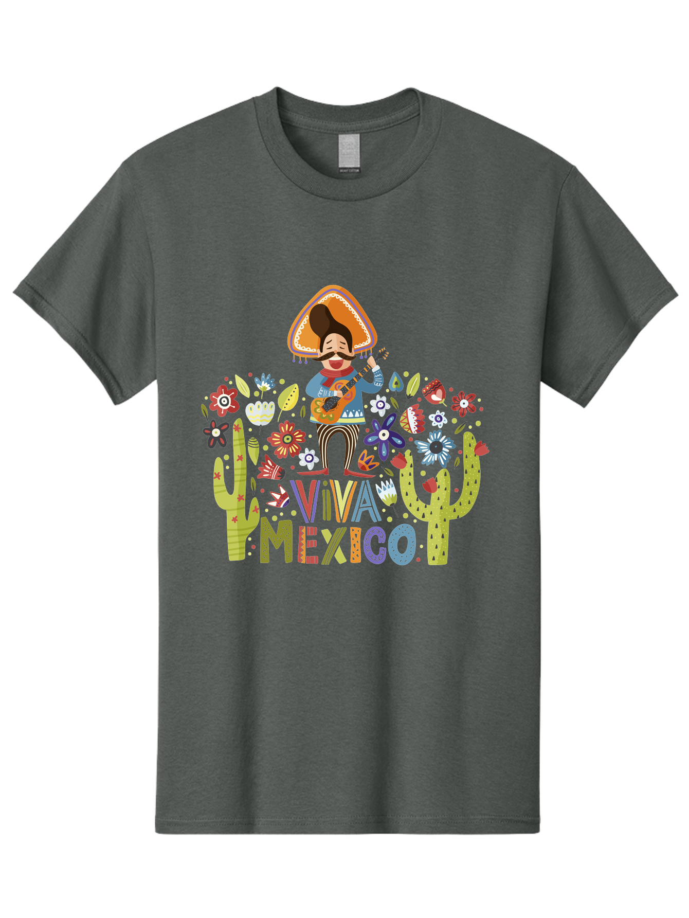 Viva-Mexico-1 Men'S Graphic Tee, 100% Cotton, Comfortable Casual Summer Wear, Machine Washable, Mexican Musician, Mariachi Playing Guitar, Festive Atmosphere, Colorful Flowers, Cacti, Cultural Heritage, Vibrant Colors, -  Aaa306 15