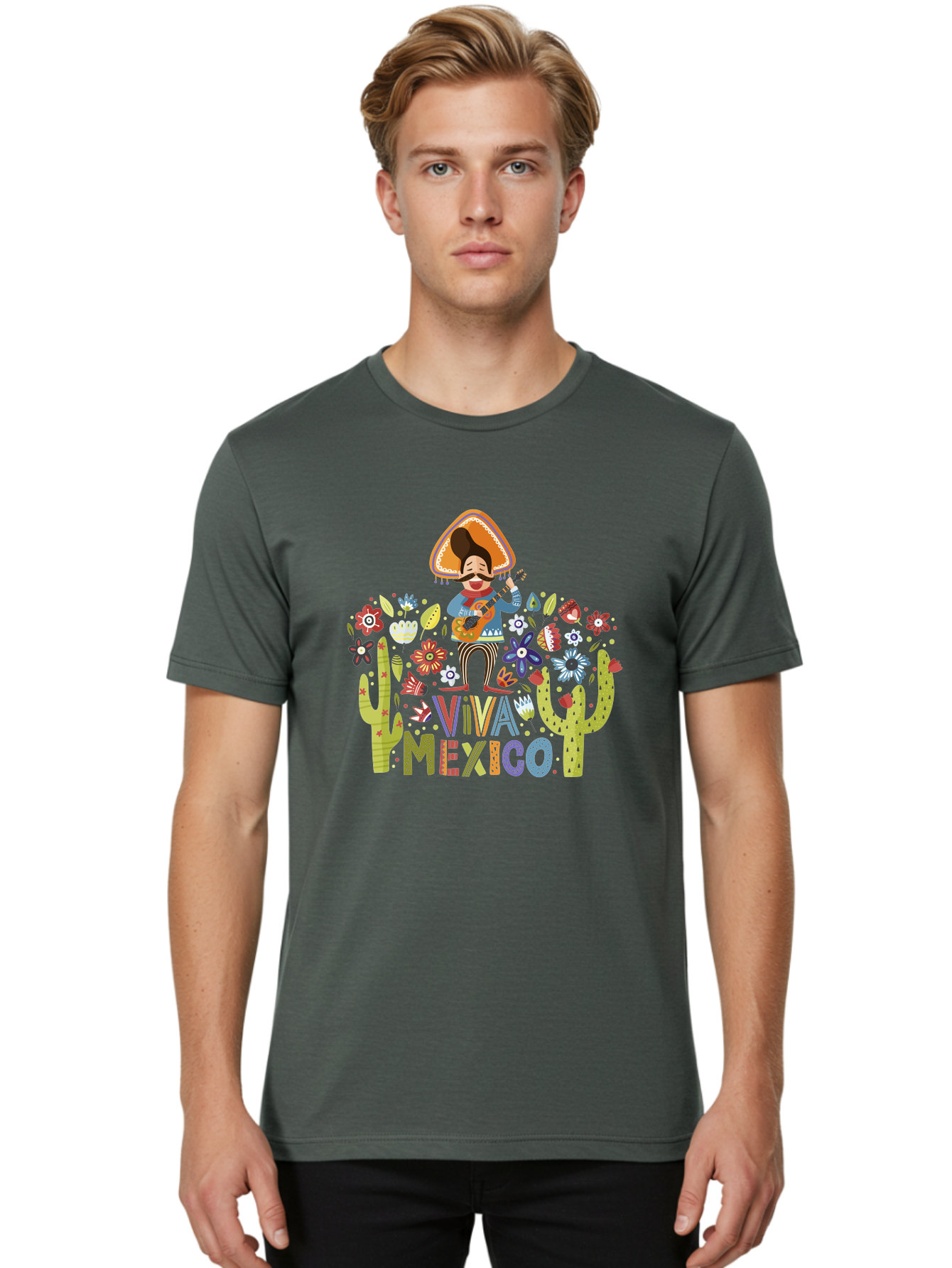 Viva-Mexico-1 Men'S Graphic Tee, 100% Cotton, Comfortable Casual Summer Wear, Machine Washable, Mexican Musician, Mariachi Playing Guitar, Festive Atmosphere, Colorful Flowers, Cacti, Cultural Heritage, Vibrant Colors, -  Aaa306 16