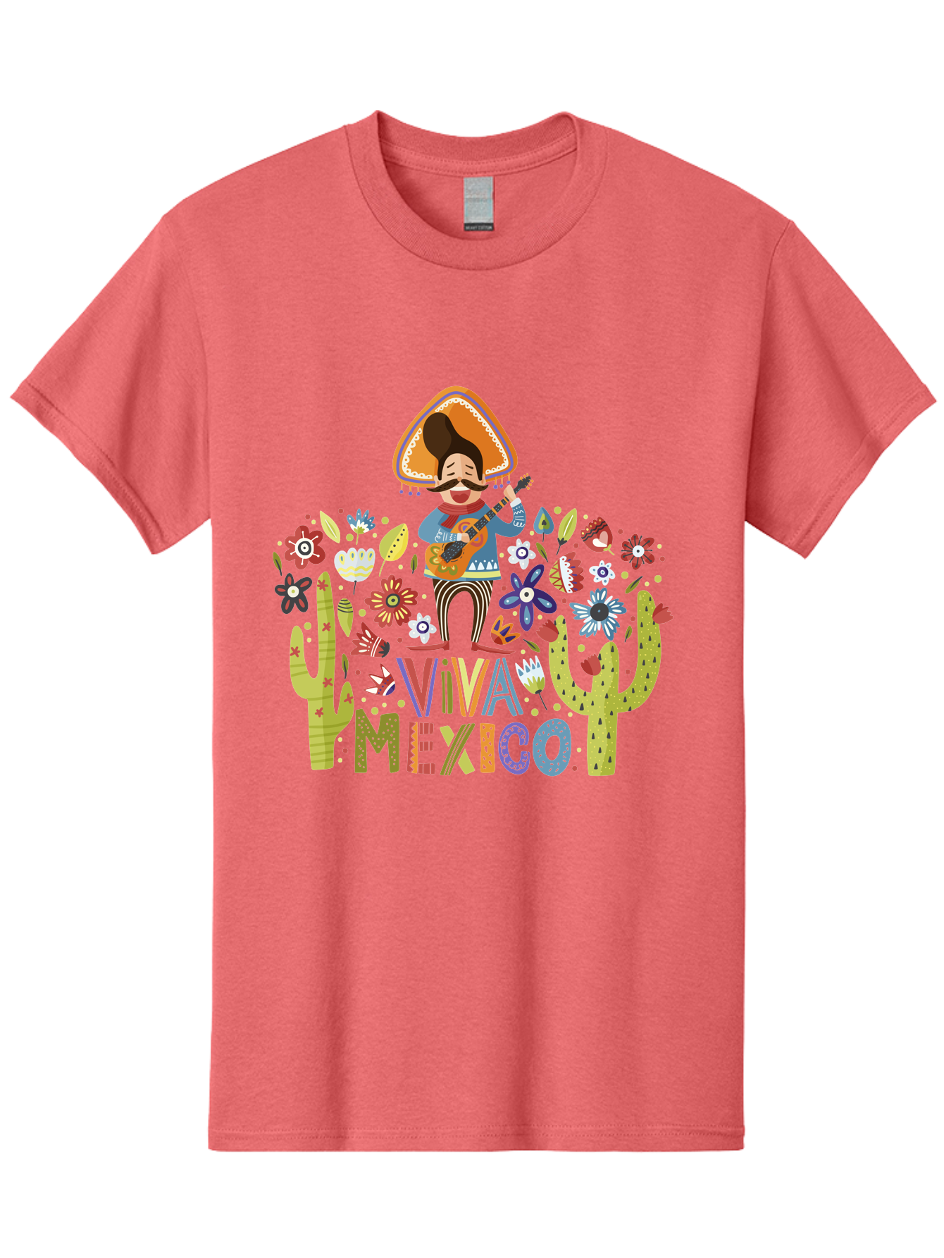 Viva-Mexico-1 Men'S Graphic Tee, 100% Cotton, Comfortable Casual Summer Wear, Machine Washable, Mexican Musician, Mariachi Playing Guitar, Festive Atmosphere, Colorful Flowers, Cacti, Cultural Heritage, Vibrant Colors, -  Aaa306 27