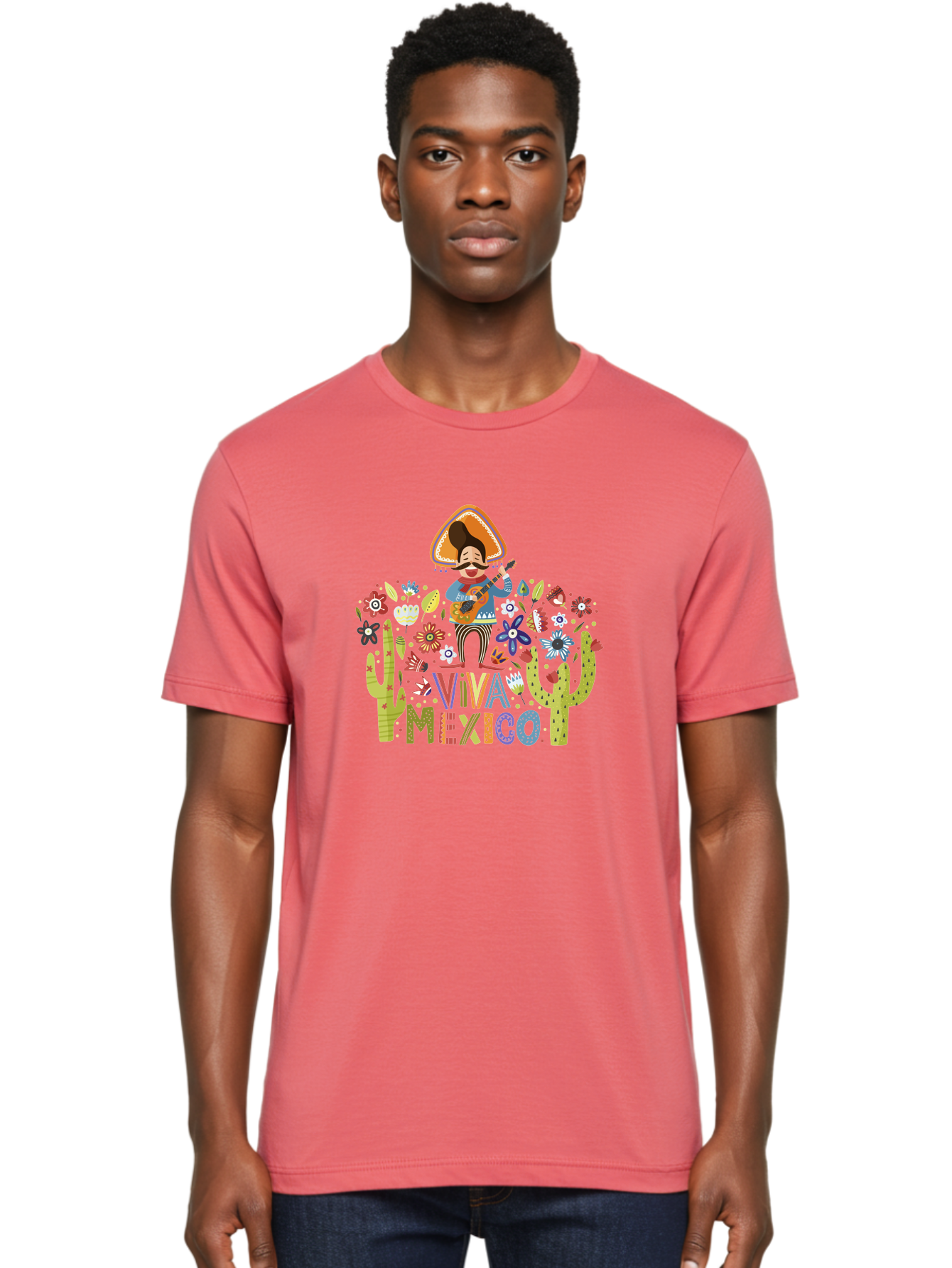 Viva-Mexico-1 Men'S Graphic Tee, 100% Cotton, Comfortable Casual Summer Wear, Machine Washable, Mexican Musician, Mariachi Playing Guitar, Festive Atmosphere, Colorful Flowers, Cacti, Cultural Heritage, Vibrant Colors, -  Aaa306 28