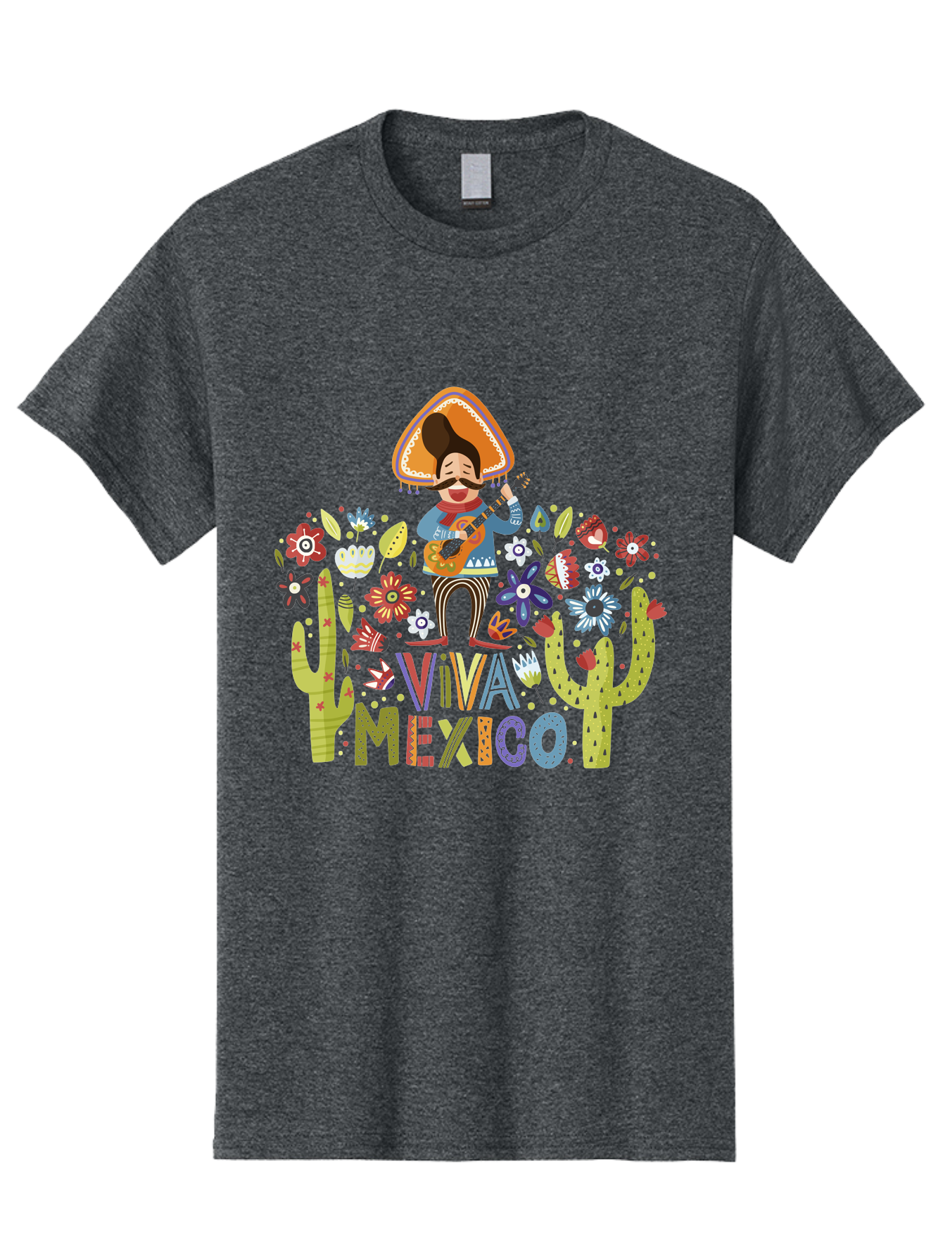 Viva-Mexico-1 Men'S Graphic Tee, 100% Cotton, Comfortable Casual Summer Wear, Machine Washable, Mexican Musician, Mariachi Playing Guitar, Festive Atmosphere, Colorful Flowers, Cacti, Cultural Heritage, Vibrant Colors, -  Aaa306 13