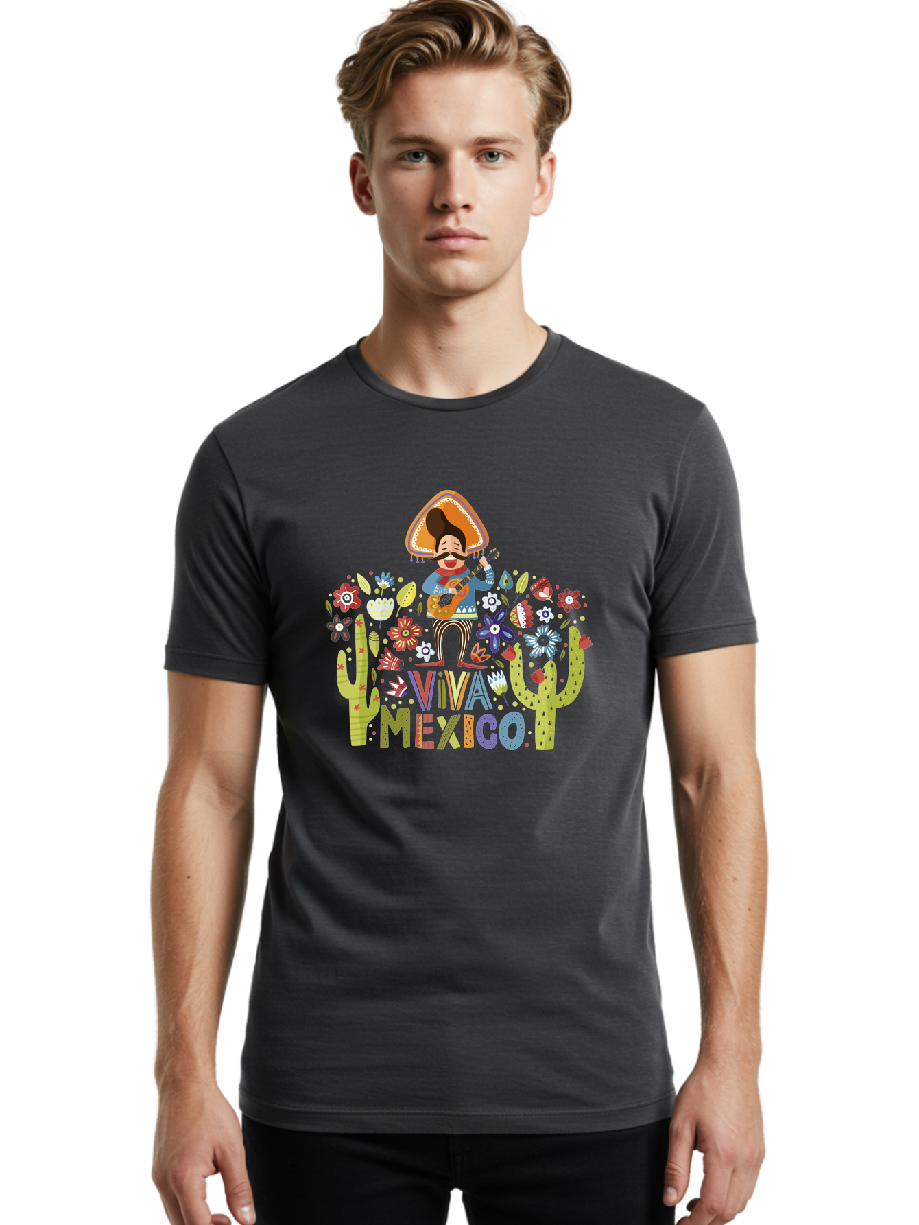 Viva-Mexico-1 Men'S Graphic Tee, 100% Cotton, Comfortable Casual Summer Wear, Machine Washable, Mexican Musician, Mariachi Playing Guitar, Festive Atmosphere, Colorful Flowers, Cacti, Cultural Heritage, Vibrant Colors, -  Aaa306 14