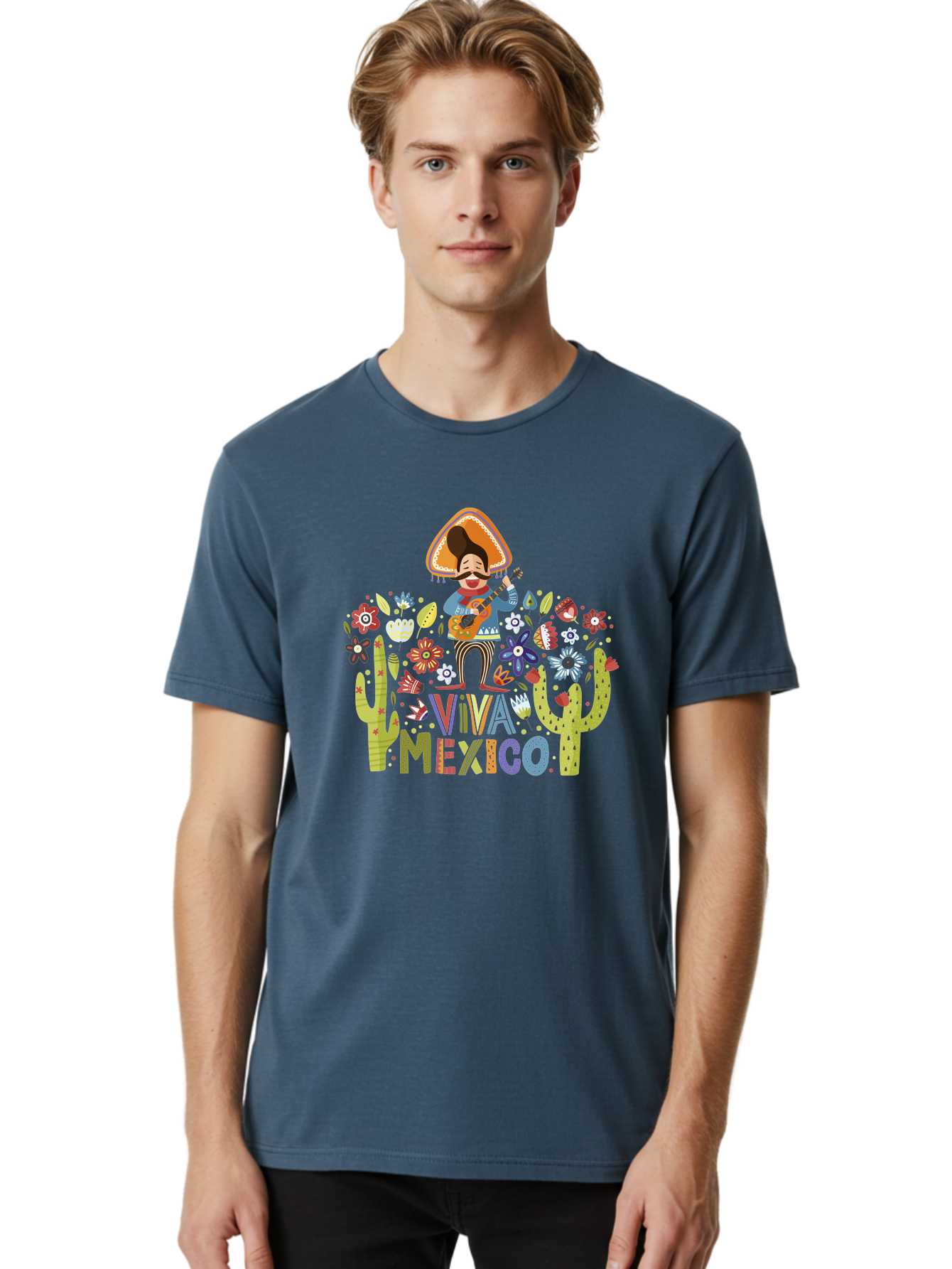 Viva-Mexico-1 Men'S Graphic Tee, 100% Cotton, Comfortable Casual Summer Wear, Machine Washable, Mexican Musician, Mariachi Playing Guitar, Festive Atmosphere, Colorful Flowers, Cacti, Cultural Heritage, Vibrant Colors, -  Aaa306 24
