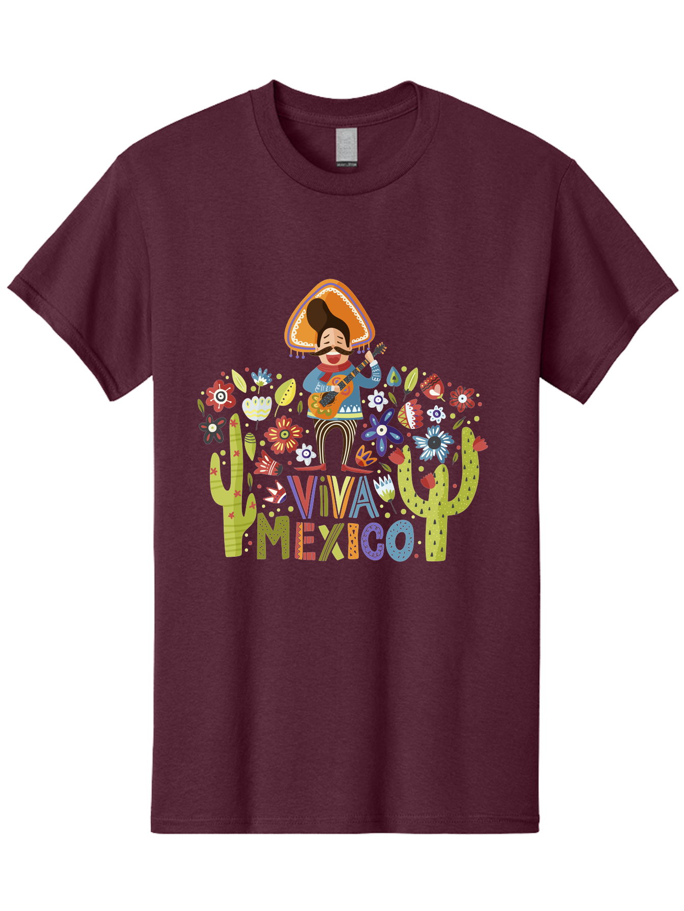 Viva-Mexico-1 Men'S Graphic Tee, 100% Cotton, Comfortable Casual Summer Wear, Machine Washable, Mexican Musician, Mariachi Playing Guitar, Festive Atmosphere, Colorful Flowers, Cacti, Cultural Heritage, Vibrant Colors, -  Aaa306 21