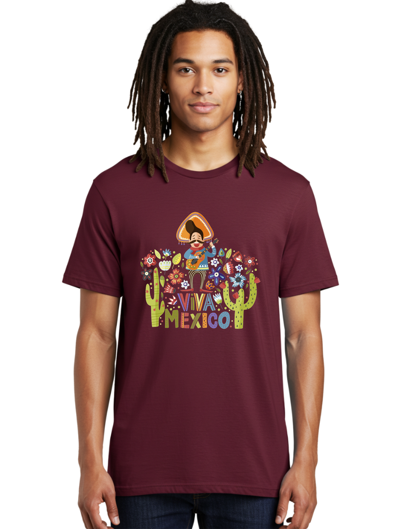 Viva-Mexico-1 Men'S Graphic Tee, 100% Cotton, Comfortable Casual Summer Wear, Machine Washable, Mexican Musician, Mariachi Playing Guitar, Festive Atmosphere, Colorful Flowers, Cacti, Cultural Heritage, Vibrant Colors, -  Aaa306 22