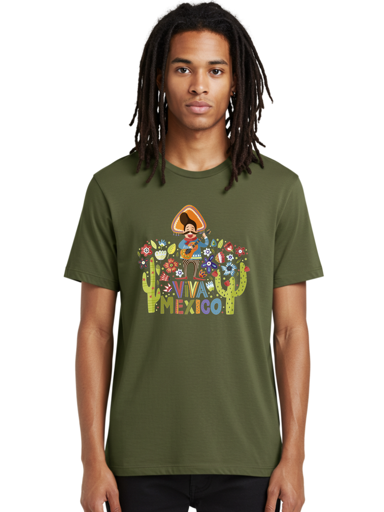 Viva-Mexico-1 Men'S Graphic Tee, 100% Cotton, Comfortable Casual Summer Wear, Machine Washable, Mexican Musician, Mariachi Playing Guitar, Festive Atmosphere, Colorful Flowers, Cacti, Cultural Heritage, Vibrant Colors, -  Aaa306 6