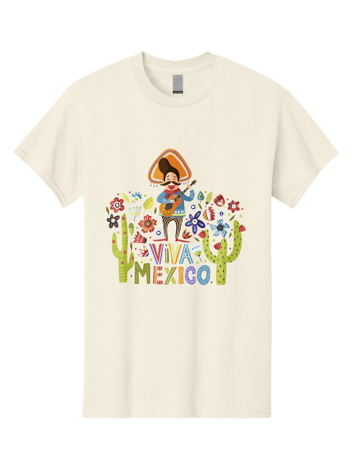 Viva-Mexico-1 Men'S Graphic Tee, 100% Cotton, Comfortable Casual Summer Wear, Machine Washable, Mexican Musician, Mariachi Playing Guitar, Festive Atmosphere, Colorful Flowers, Cacti, Cultural Heritage, Vibrant Colors, -  Aaa306 11