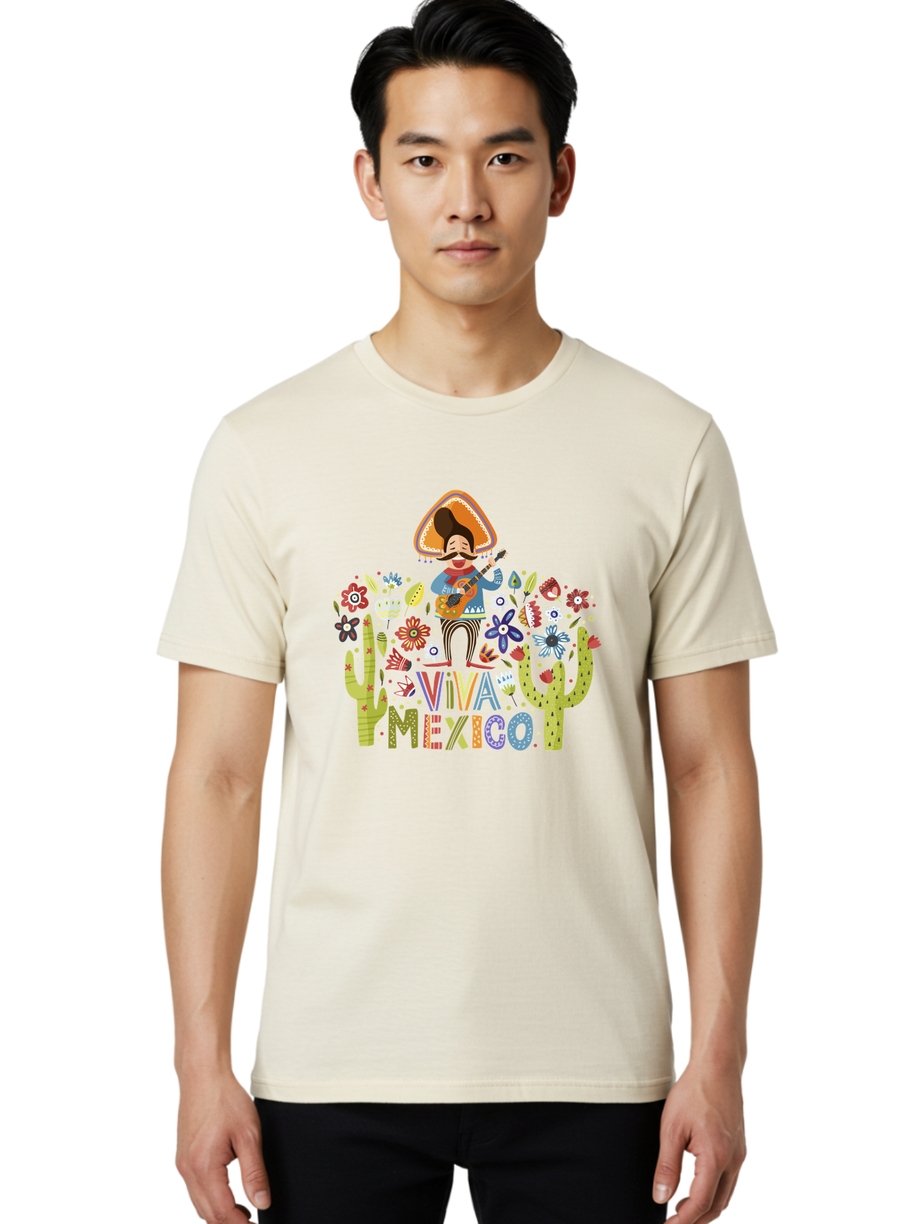 Viva-Mexico-1 Men'S Graphic Tee, 100% Cotton, Comfortable Casual Summer Wear, Machine Washable, Mexican Musician, Mariachi Playing Guitar, Festive Atmosphere, Colorful Flowers, Cacti, Cultural Heritage, Vibrant Colors, -  Aaa306 12