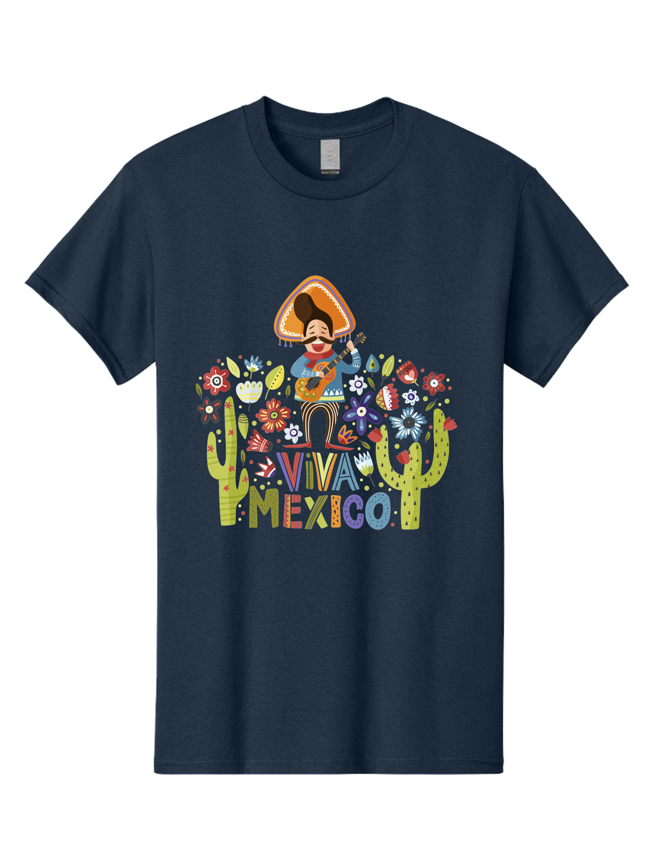 Viva-Mexico-1 Men'S Graphic Tee, 100% Cotton, Comfortable Casual Summer Wear, Machine Washable, Mexican Musician, Mariachi Playing Guitar, Festive Atmosphere, Colorful Flowers, Cacti, Cultural Heritage, Vibrant Colors, -  Aaa306 29