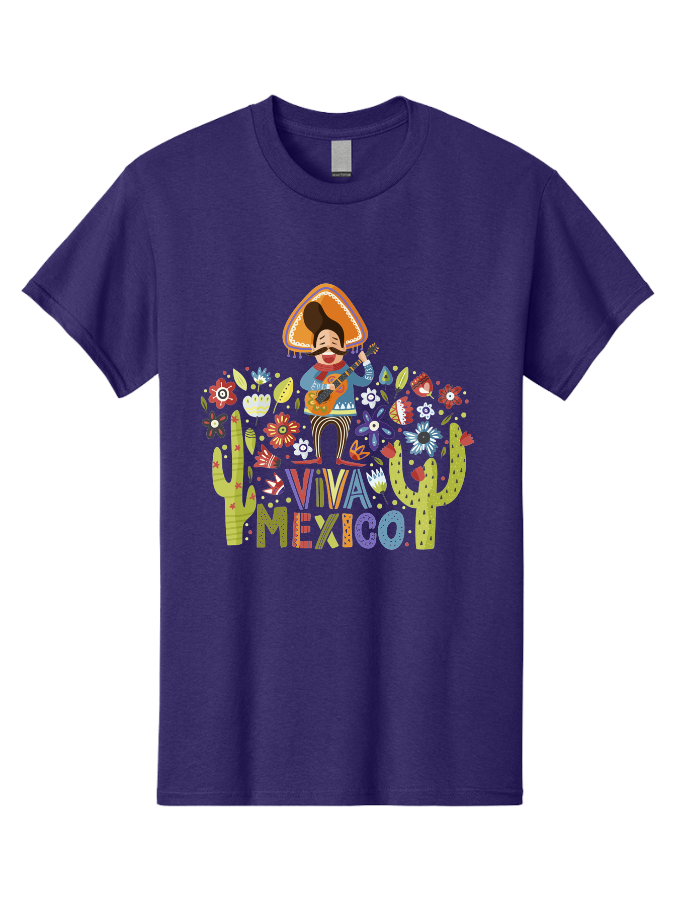Viva-Mexico-1 Men'S Graphic Tee, 100% Cotton, Comfortable Casual Summer Wear, Machine Washable, Mexican Musician, Mariachi Playing Guitar, Festive Atmosphere, Colorful Flowers, Cacti, Cultural Heritage, Vibrant Colors, -  Aaa306 3