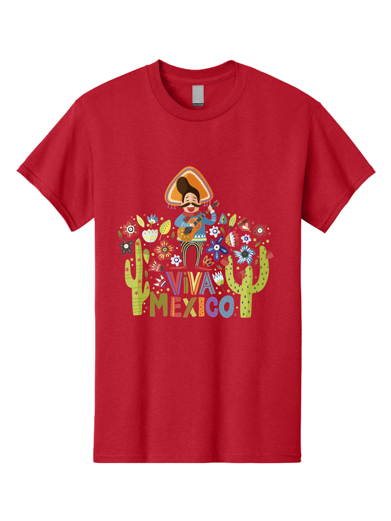 Viva-Mexico-1 Men'S Graphic Tee, 100% Cotton, Comfortable Casual Summer Wear, Machine Washable, Mexican Musician, Mariachi Playing Guitar, Festive Atmosphere, Colorful Flowers, Cacti, Cultural Heritage, Vibrant Colors, -  Aaa306 19