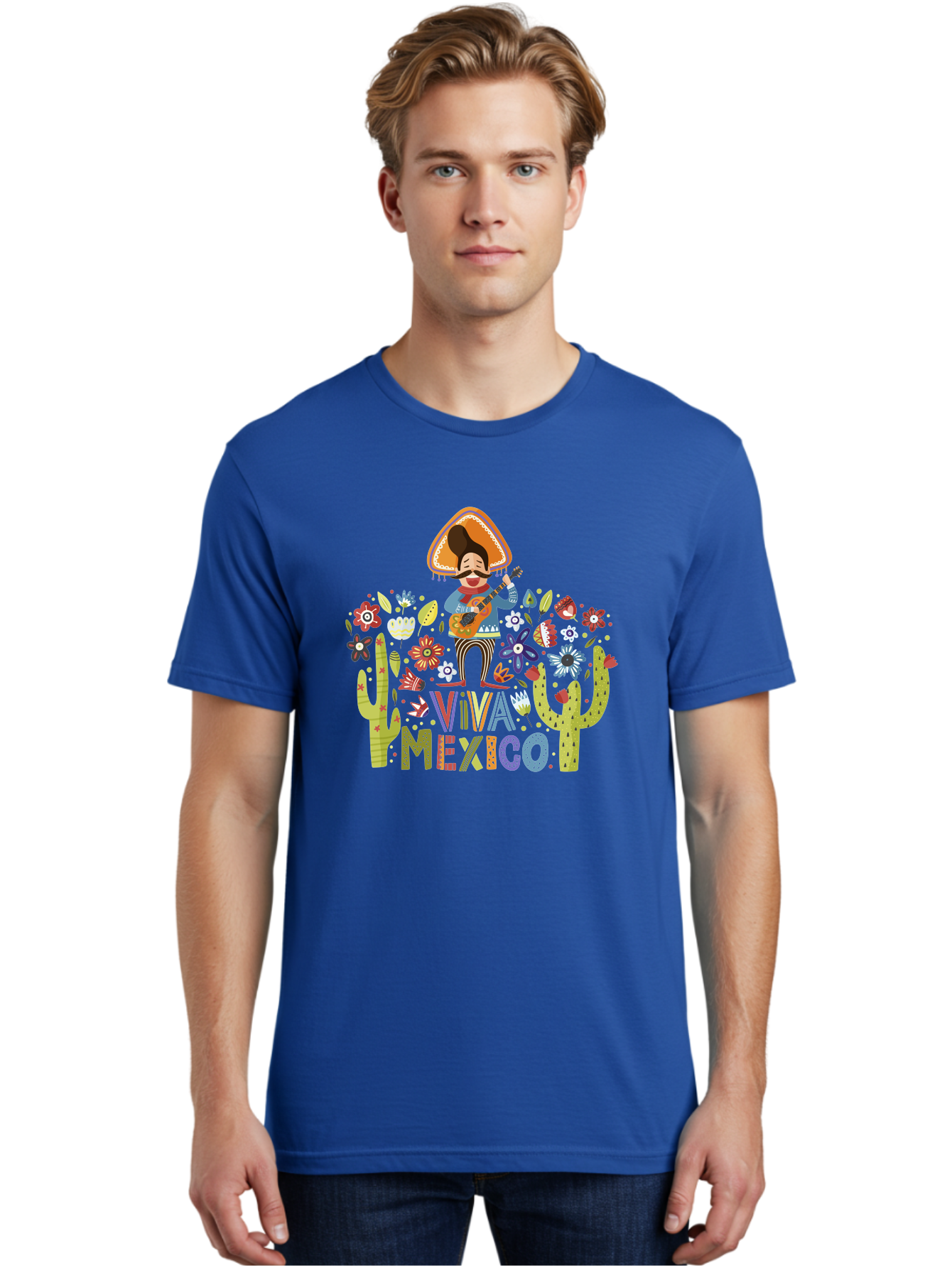 Viva-Mexico-1 Men'S Graphic Tee, 100% Cotton, Comfortable Casual Summer Wear, Machine Washable, Mexican Musician, Mariachi Playing Guitar, Festive Atmosphere, Colorful Flowers, Cacti, Cultural Heritage, Vibrant Colors, -  Aaa306 18