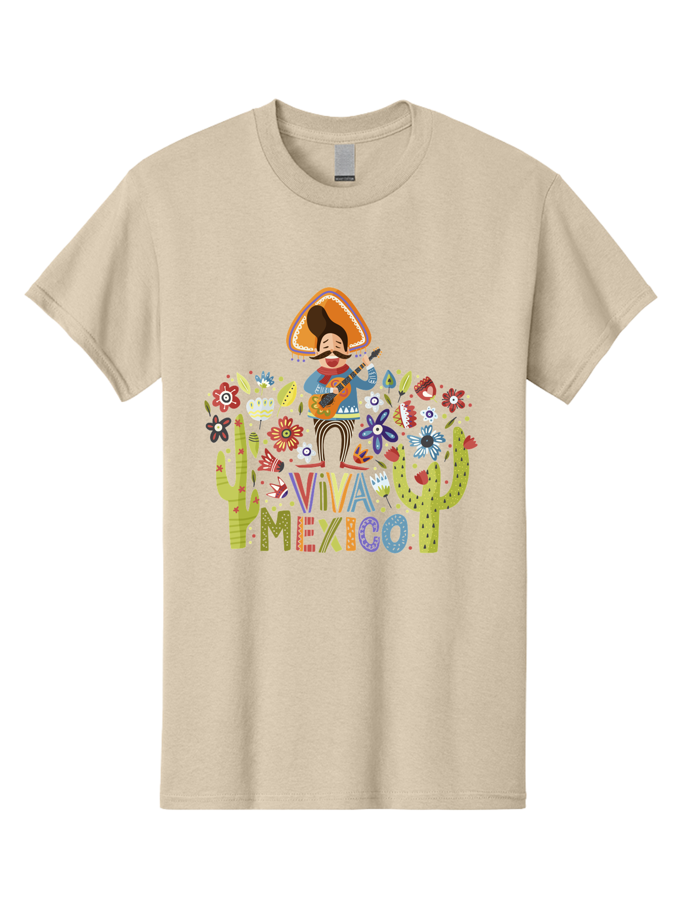 Viva-Mexico-1 Men'S Graphic Tee, 100% Cotton, Comfortable Casual Summer Wear, Machine Washable, Mexican Musician, Mariachi Playing Guitar, Festive Atmosphere, Colorful Flowers, Cacti, Cultural Heritage, Vibrant Colors, -  Aaa306 9