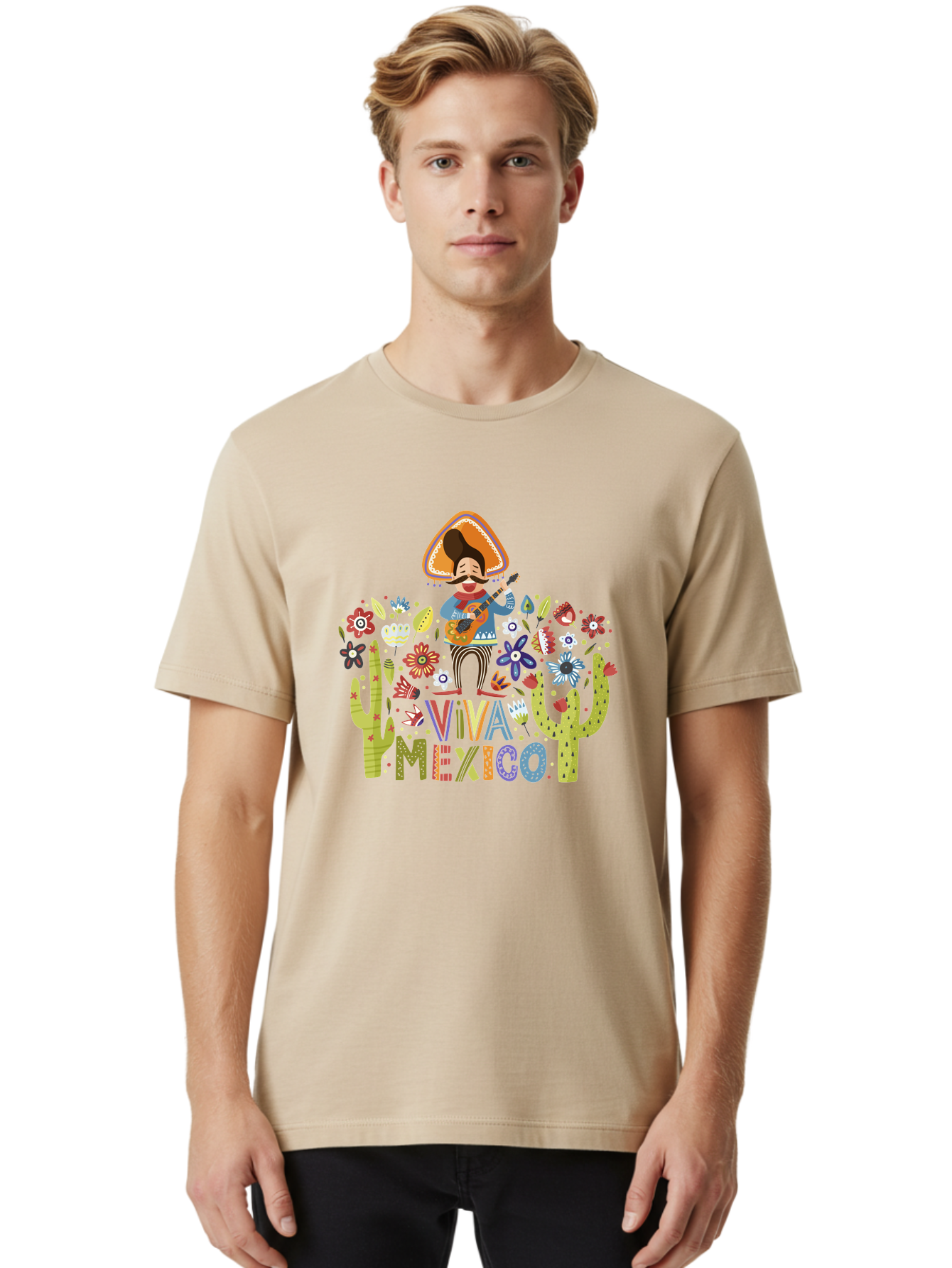 Viva-Mexico-1 Men'S Graphic Tee, 100% Cotton, Comfortable Casual Summer Wear, Machine Washable, Mexican Musician, Mariachi Playing Guitar, Festive Atmosphere, Colorful Flowers, Cacti, Cultural Heritage, Vibrant Colors, -  Aaa306 10