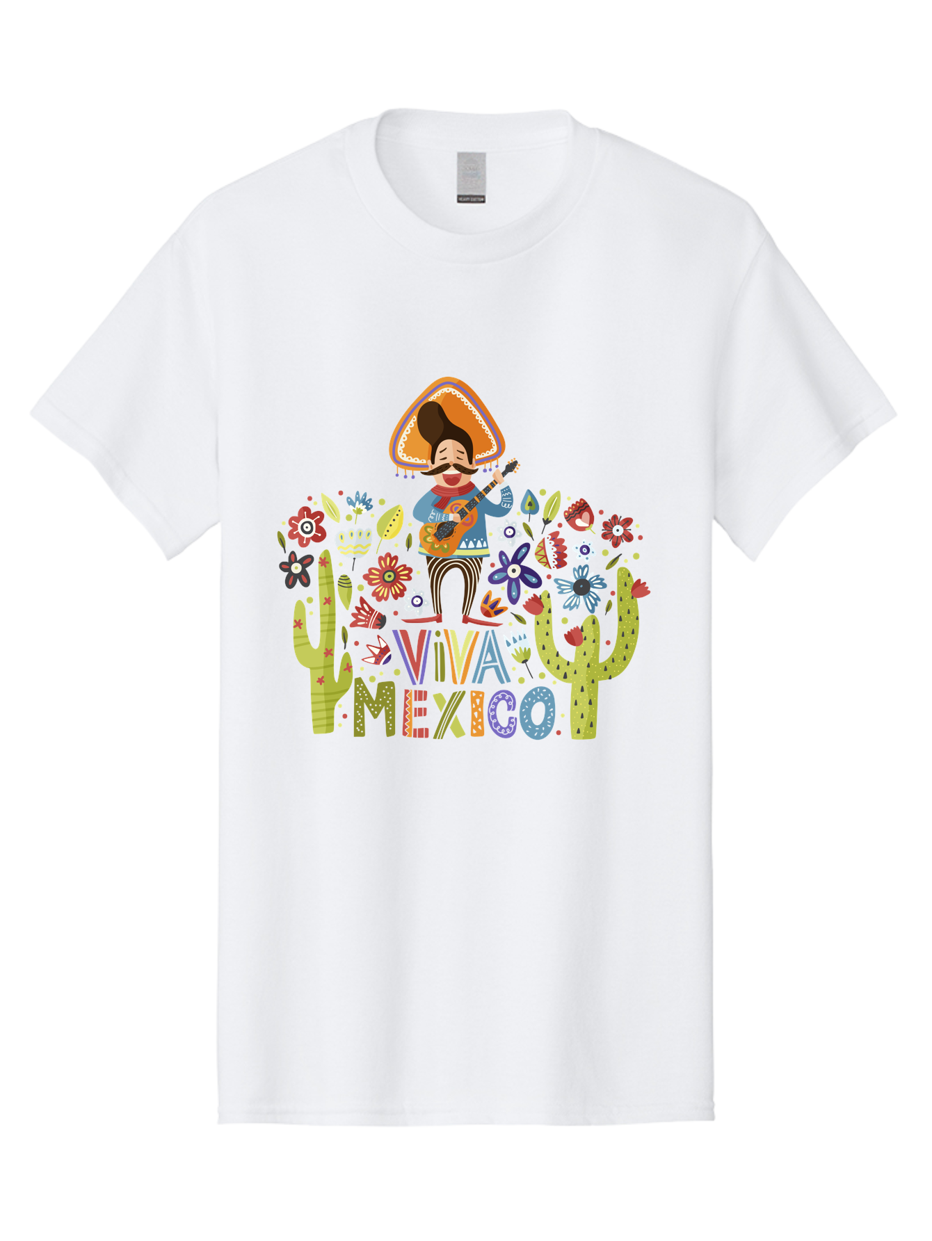 Viva-Mexico-1 Men'S Graphic Tee, 100% Cotton, Comfortable Casual Summer Wear, Machine Washable, Mexican Musician, Mariachi Playing Guitar, Festive Atmosphere, Colorful Flowers, Cacti, Cultural Heritage, Vibrant Colors, -  Aaa306