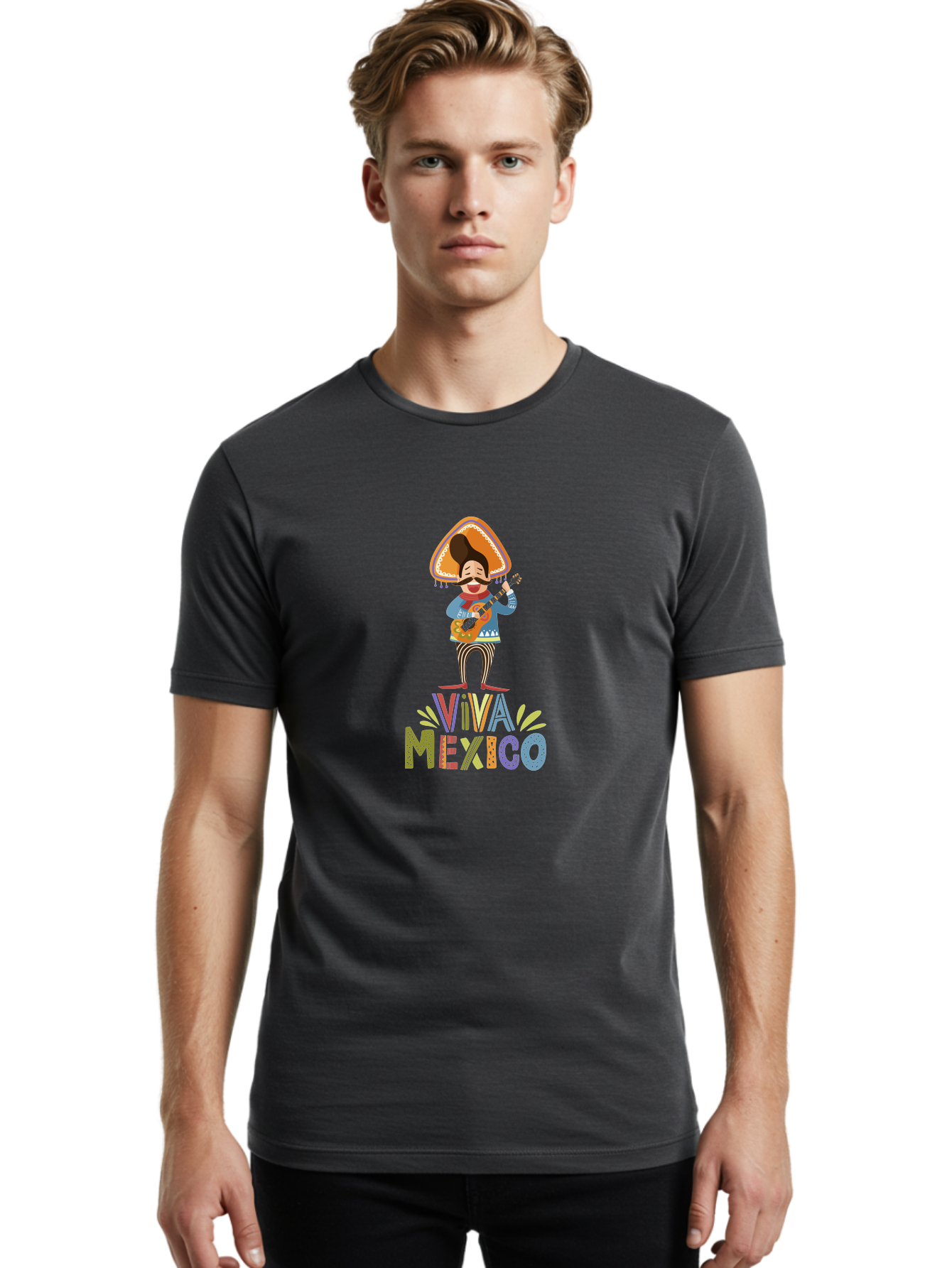 Viva-Mexico Men'S Graphic Tee, 100% Cotton, Comfortable Casual Summer Wear, Machine Washable, Mexican Culture, Traditional Clothing, Mariachi Musician, Guitar Player, Festive Atmosphere, Colorful Graphics, Vibrant Colors, -  Aaa309