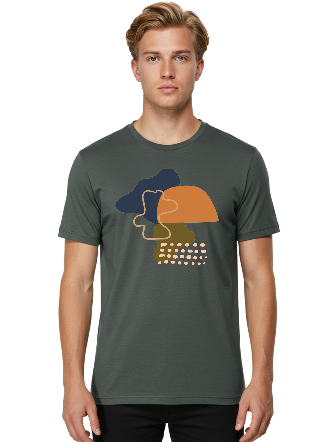 Abstract-Shapes-3 Men'S Graphic Tee, 100% Cotton, Comfortable Casual Summer Wear, Machine Washable, Abstract Shapes, Modern Art, Digital Illustration, Wavy Line, Layered Forms, Blue, Orange, Brown Colors, Minimalist Design, -  Aaa355 18