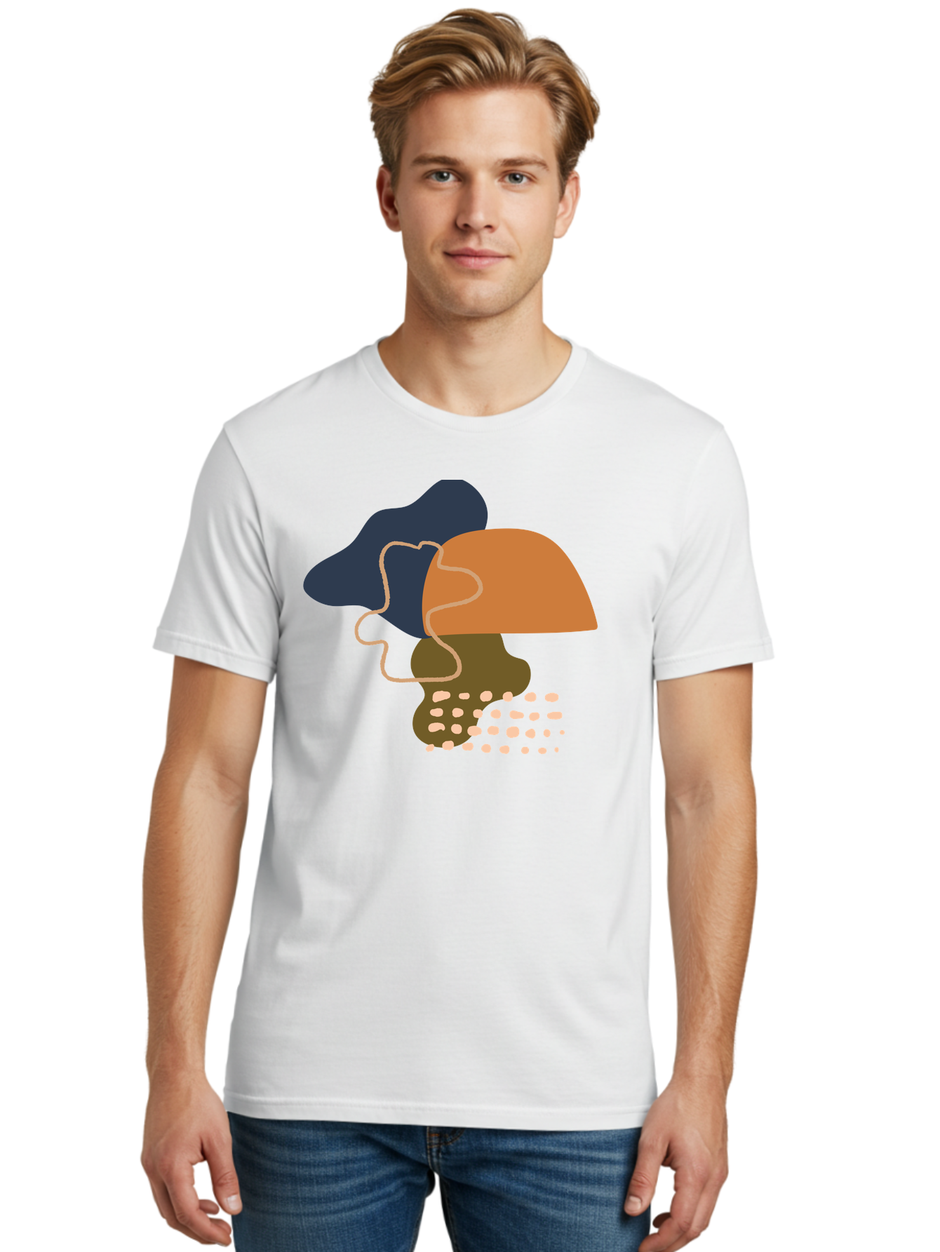 Abstract-Shapes-3 Men'S Graphic Tee, 100% Cotton, Comfortable Casual Summer Wear, Machine Washable, Abstract Shapes, Modern Art, Digital Illustration, Wavy Line, Layered Forms, Blue, Orange, Brown Colors, Minimalist Design, -  Aaa355 26