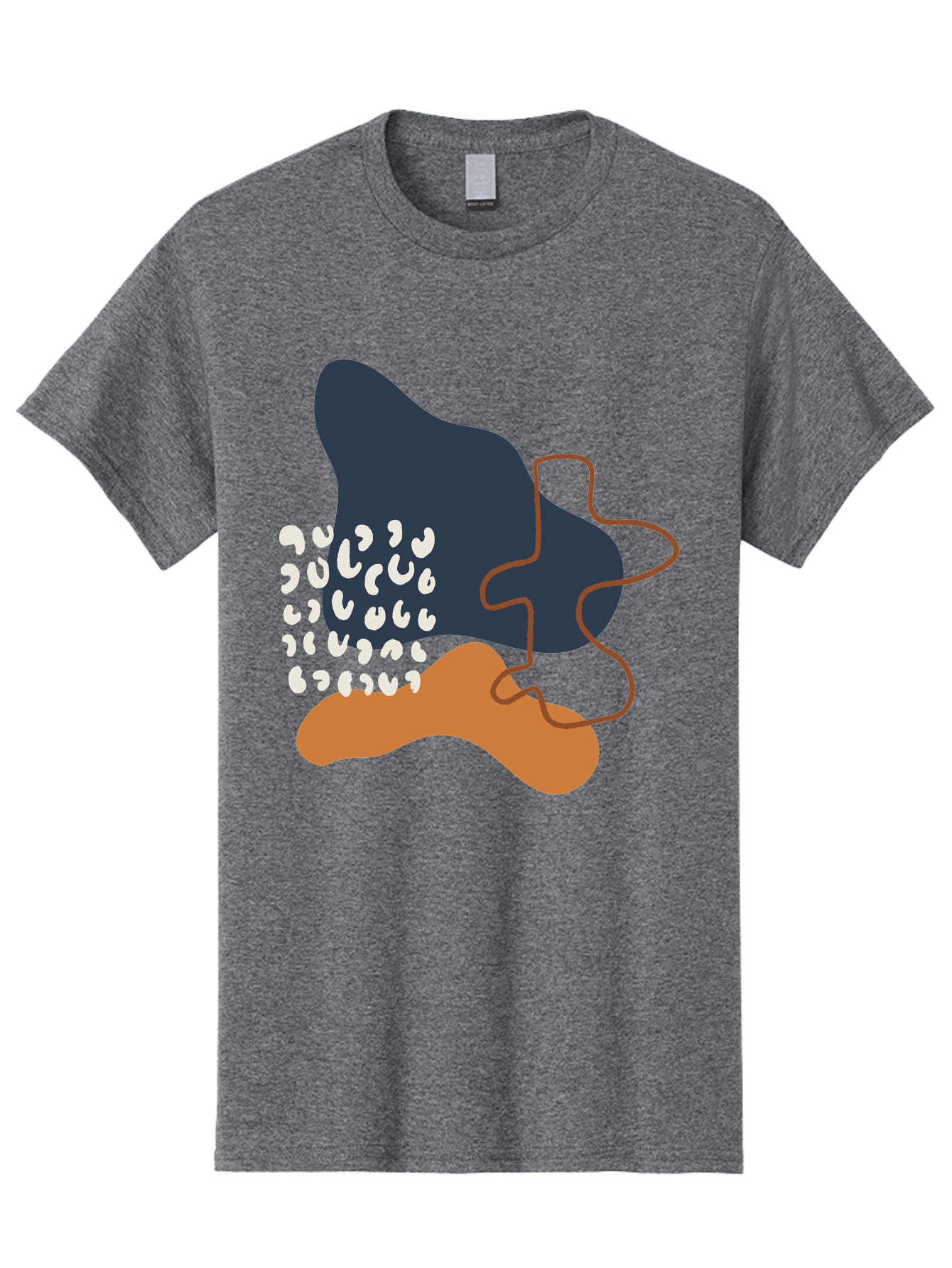 Abstract-Shapes-4 Men'S Graphic Tee, 100% Cotton, Comfortable Casual Summer Wear, Machine Washable, Abstract Art, Modern Design, Unique Shapes, Navy Blue Shape, Orange Blob, White Semicolons, Brown Squiggly Line, Creative Expression, -  Aaa356