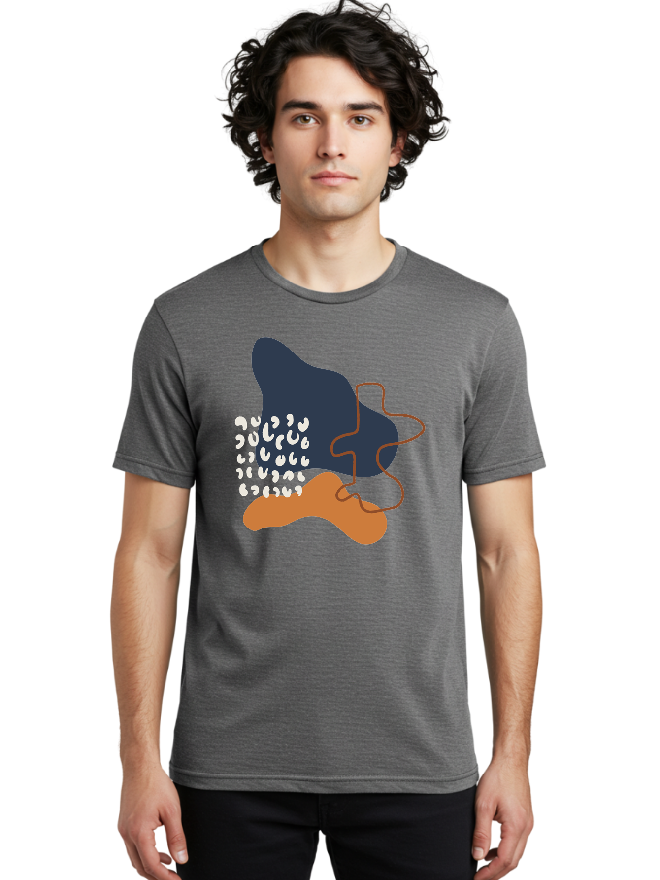 Abstract-Shapes-4 Men'S Graphic Tee, 100% Cotton, Comfortable Casual Summer Wear, Machine Washable, Abstract Art, Modern Design, Unique Shapes, Navy Blue Shape, Orange Blob, White Semicolons, Brown Squiggly Line, Creative Expression, -  Aaa356