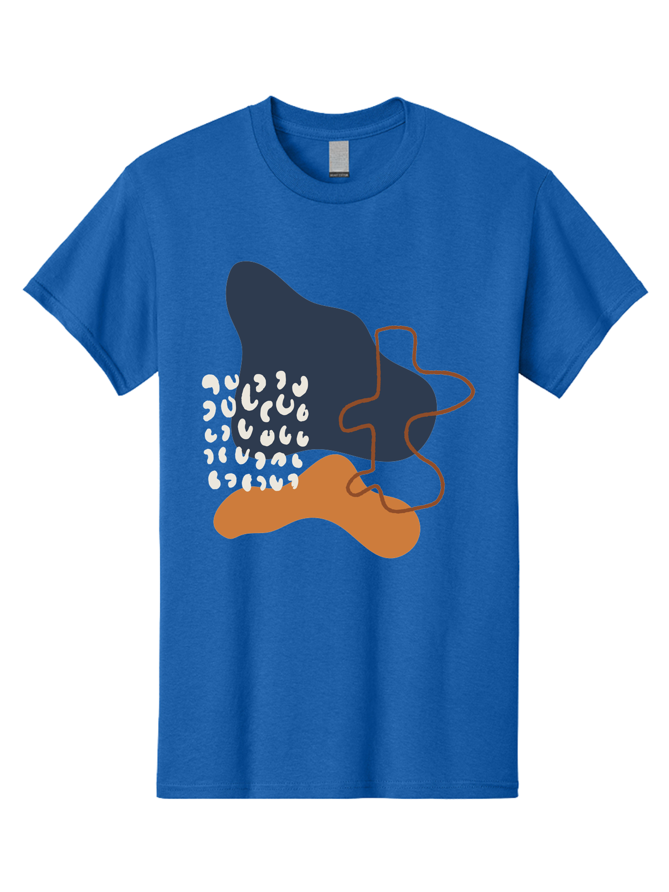 Abstract-Shapes-4 Men'S Graphic Tee, 100% Cotton, Comfortable Casual Summer Wear, Machine Washable, Abstract Art, Modern Design, Unique Shapes, Navy Blue Shape, Orange Blob, White Semicolons, Brown Squiggly Line, Creative Expression, -  Aaa356 13