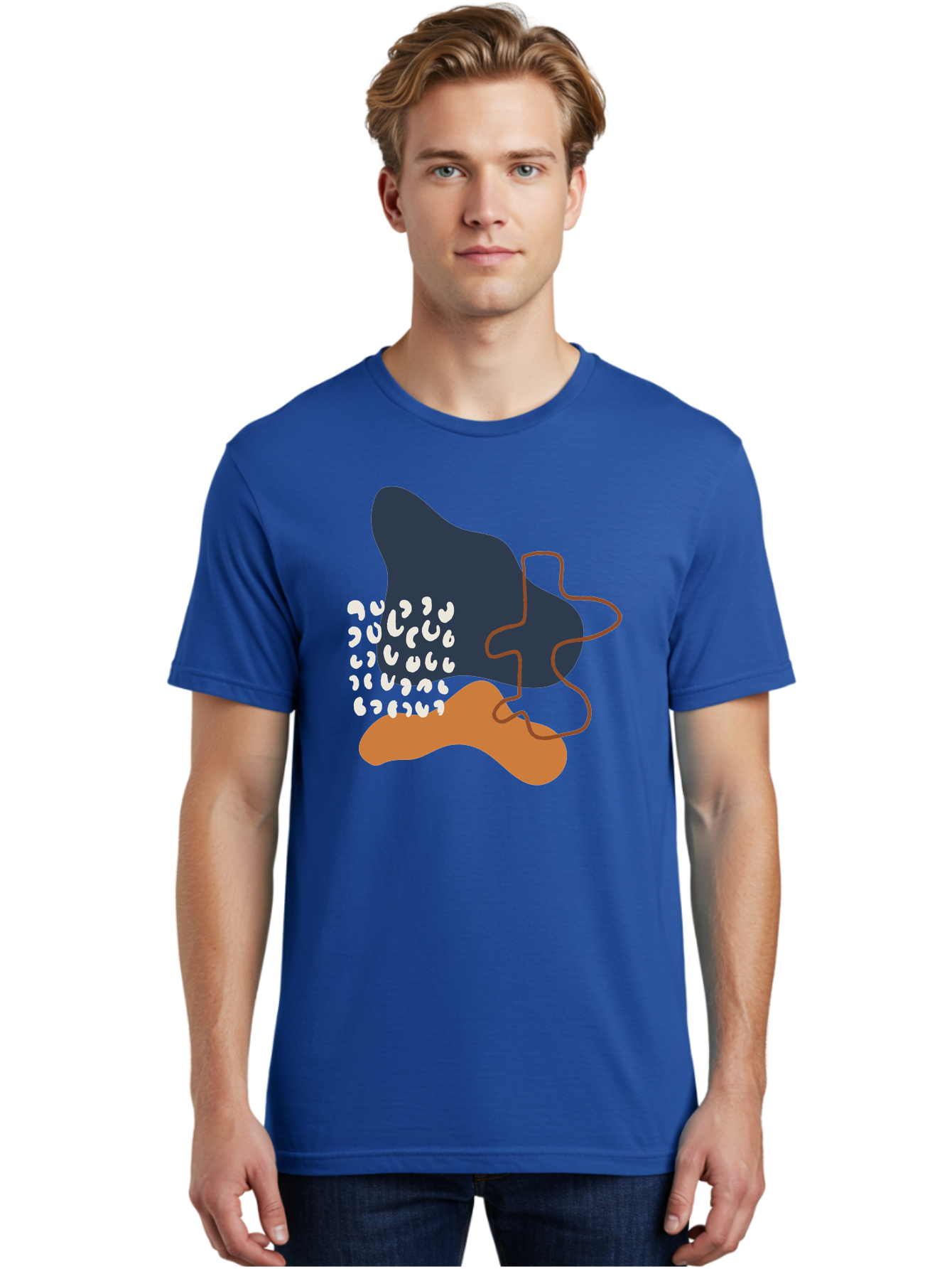 Abstract-Shapes-4 Men'S Graphic Tee, 100% Cotton, Comfortable Casual Summer Wear, Machine Washable, Abstract Art, Modern Design, Unique Shapes, Navy Blue Shape, Orange Blob, White Semicolons, Brown Squiggly Line, Creative Expression, -  Aaa356 14