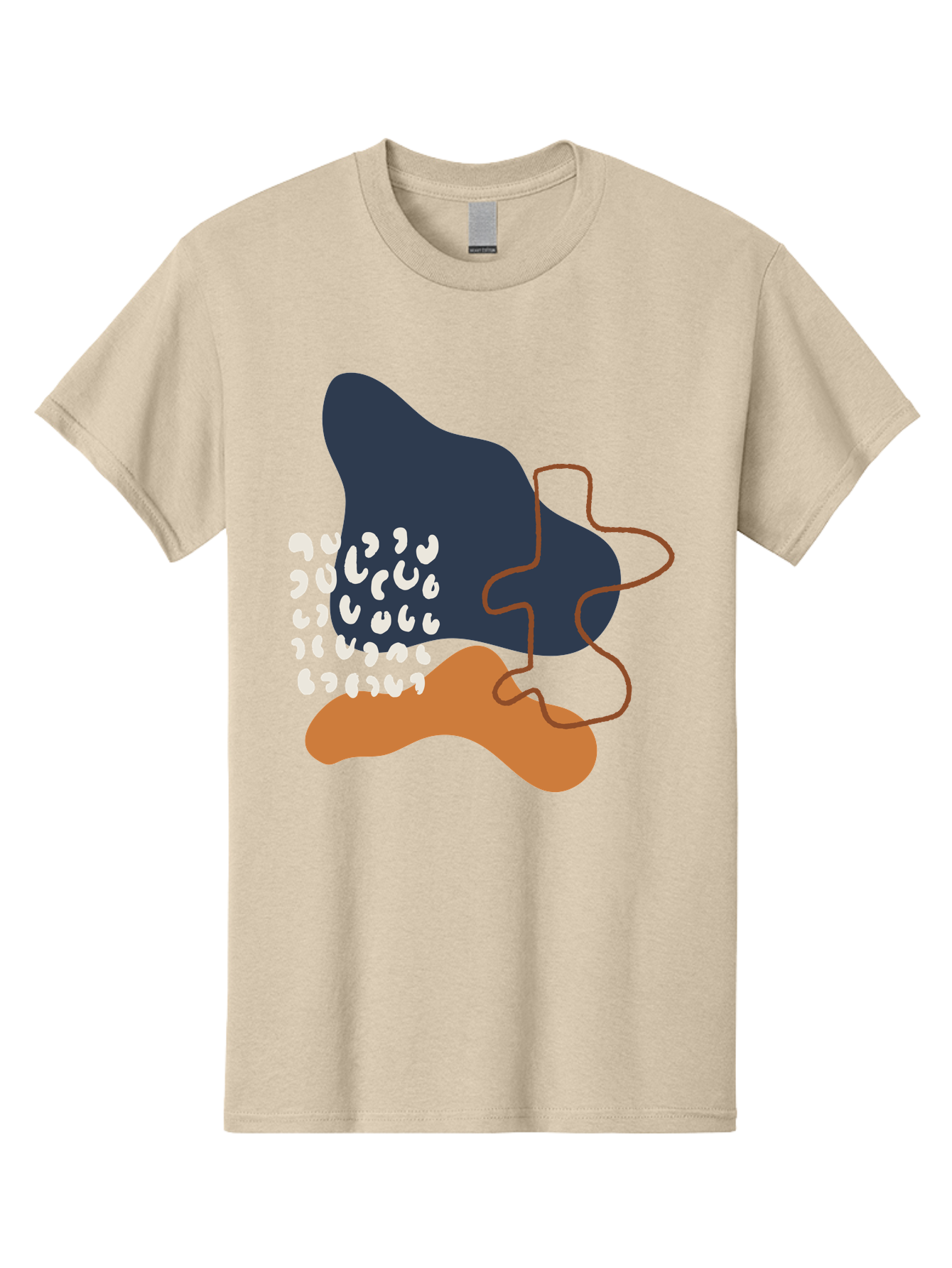 Abstract-Shapes-4 Men'S Graphic Tee, 100% Cotton, Comfortable Casual Summer Wear, Machine Washable, Abstract Art, Modern Design, Unique Shapes, Navy Blue Shape, Orange Blob, White Semicolons, Brown Squiggly Line, Creative Expression, -  Aaa356 9