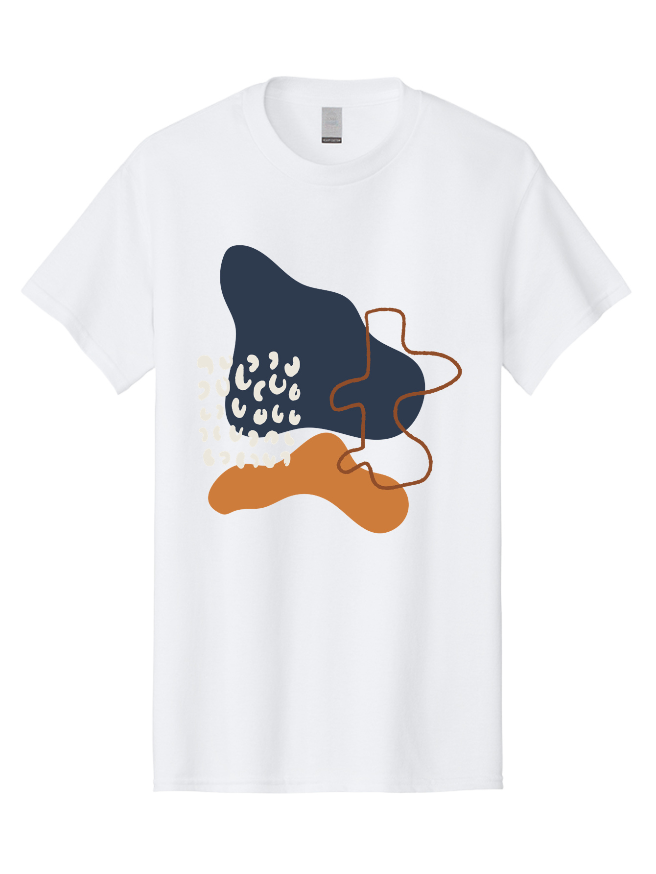 Abstract-Shapes-4 Men'S Graphic Tee, 100% Cotton, Comfortable Casual Summer Wear, Machine Washable, Abstract Art, Modern Design, Unique Shapes, Navy Blue Shape, Orange Blob, White Semicolons, Brown Squiggly Line, Creative Expression, -  Aaa356 19