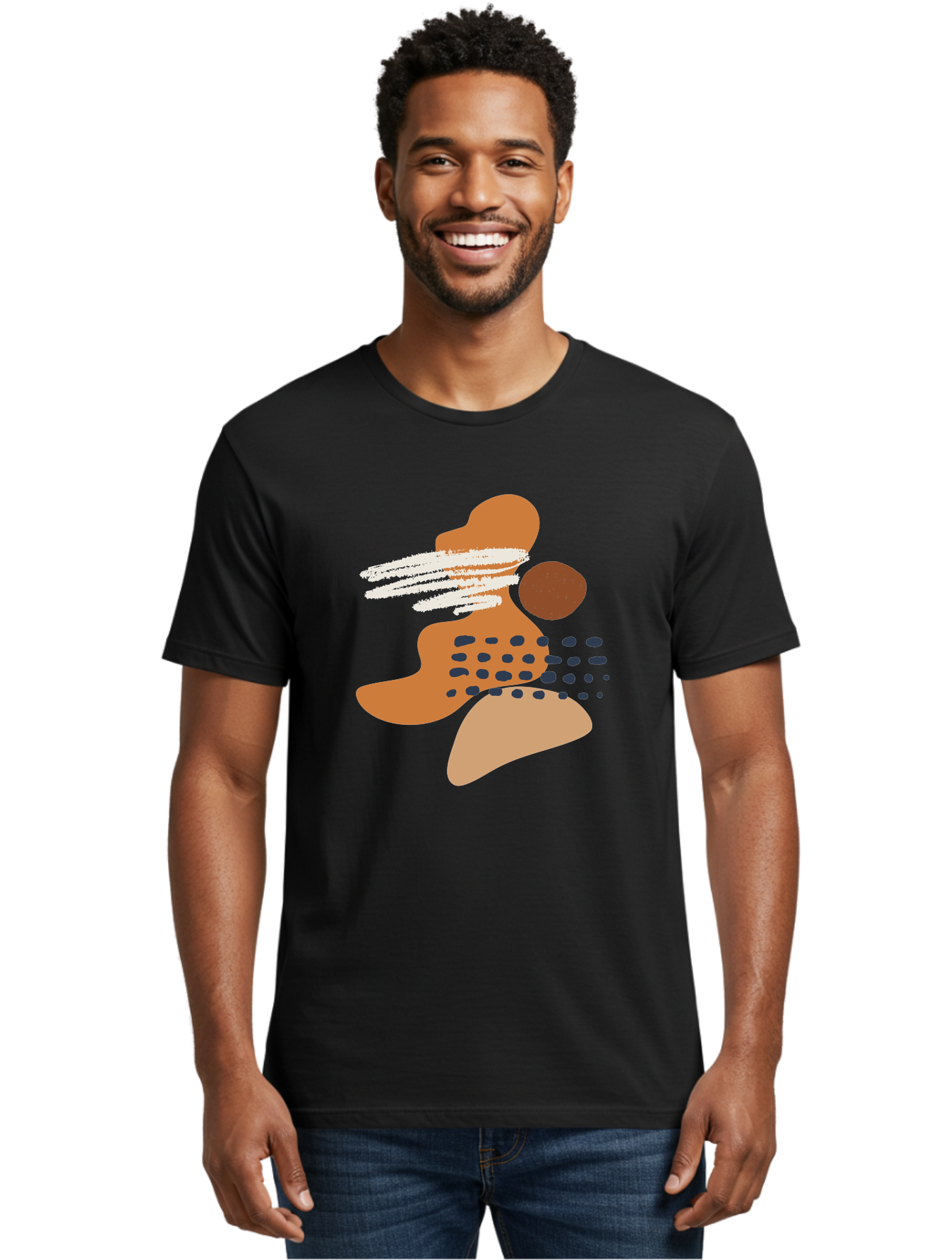 Abstract-Shapes Men'S Graphic Tee, 100% Cotton, Comfortable Casual Summer Wear, Machine Washable, Abstract Art, Modern Design, Geometric Shapes, Orange And Brown Hues, White Streaks, Black Dots, Artistic Expression, Contemporary Style -  Aaa357 10
