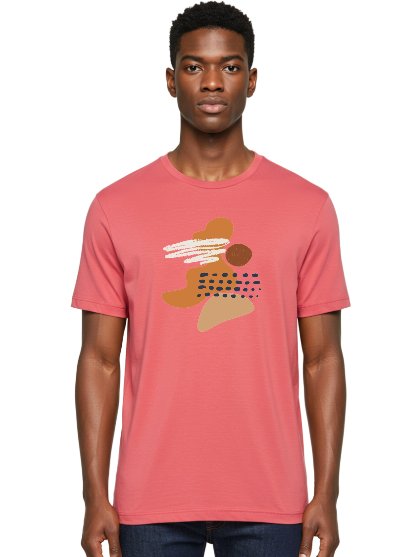 Abstract-Shapes Men'S Graphic Tee, 100% Cotton, Comfortable Casual Summer Wear, Machine Washable, Abstract Art, Modern Design, Geometric Shapes, Orange And Brown Hues, White Streaks, Black Dots, Artistic Expression, Contemporary Style -  Aaa357 18