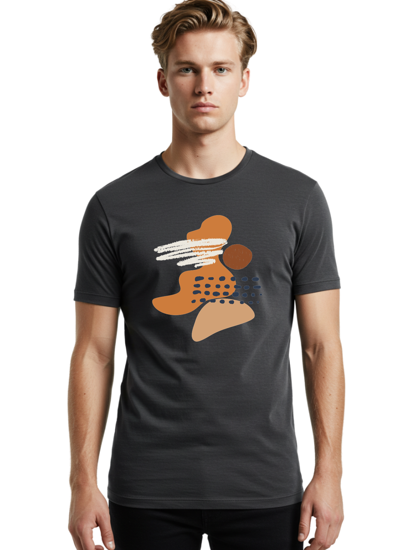 Abstract-Shapes Men'S Graphic Tee, 100% Cotton, Comfortable Casual Summer Wear, Machine Washable, Abstract Art, Modern Design, Geometric Shapes, Orange And Brown Hues, White Streaks, Black Dots, Artistic Expression, Contemporary Style -  Aaa357 16