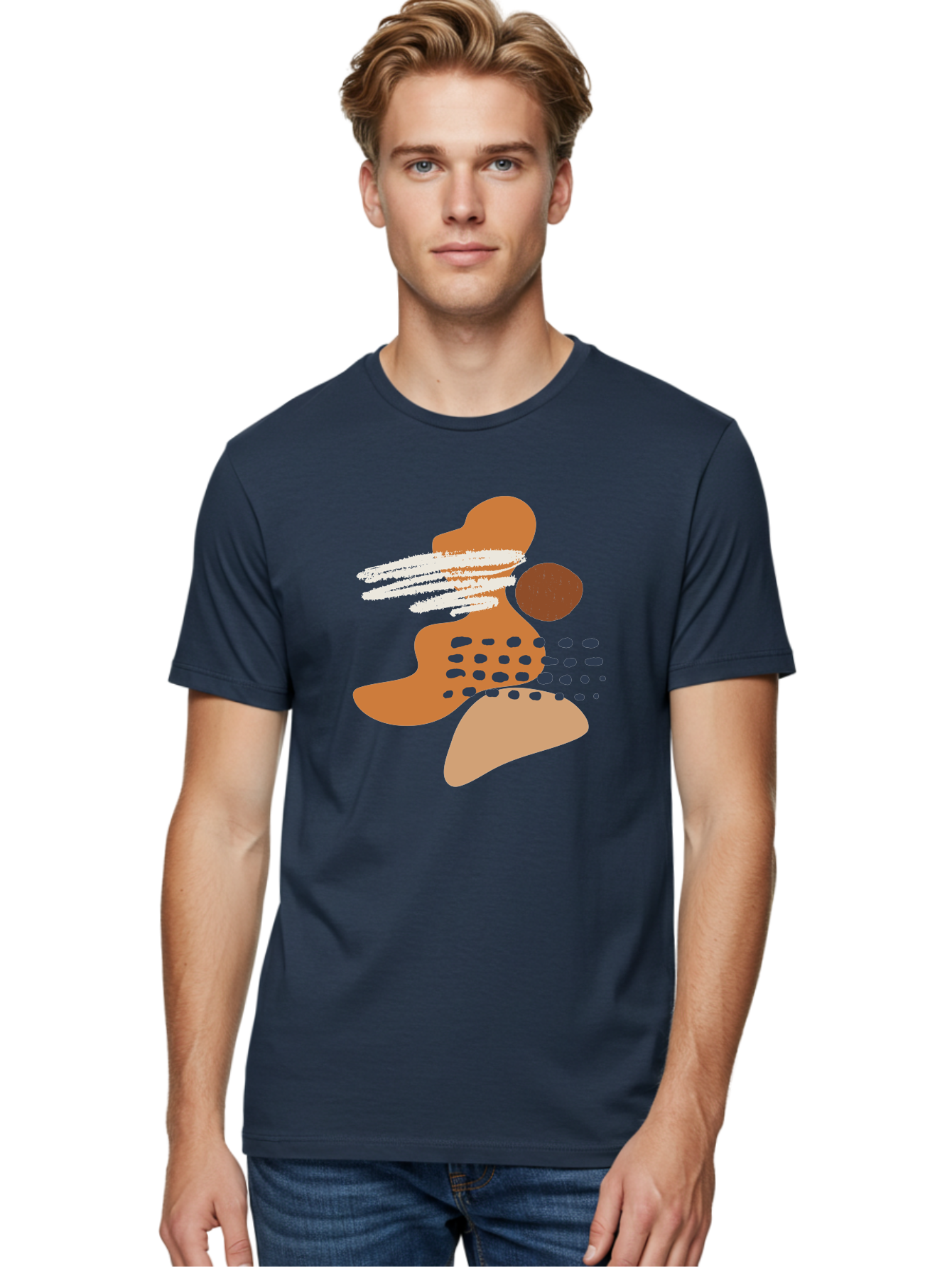 Abstract-Shapes Men'S Graphic Tee, 100% Cotton, Comfortable Casual Summer Wear, Machine Washable, Abstract Art, Modern Design, Geometric Shapes, Orange And Brown Hues, White Streaks, Black Dots, Artistic Expression, Contemporary Style -  Aaa357