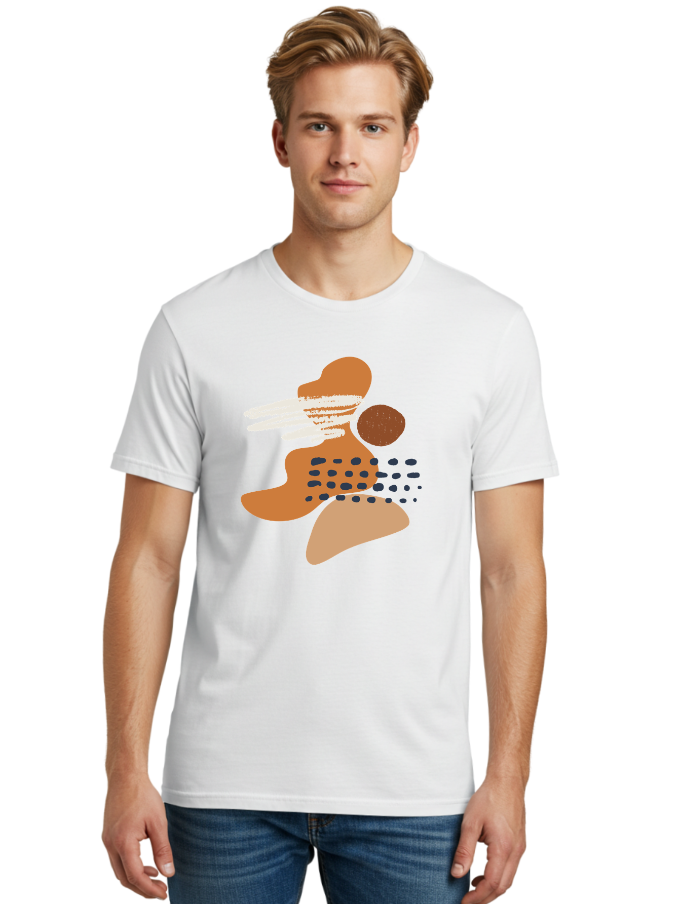 Abstract-Shapes Men'S Graphic Tee, 100% Cotton, Comfortable Casual Summer Wear, Machine Washable, Abstract Art, Modern Design, Geometric Shapes, Orange And Brown Hues, White Streaks, Black Dots, Artistic Expression, Contemporary Style -  Aaa357 20