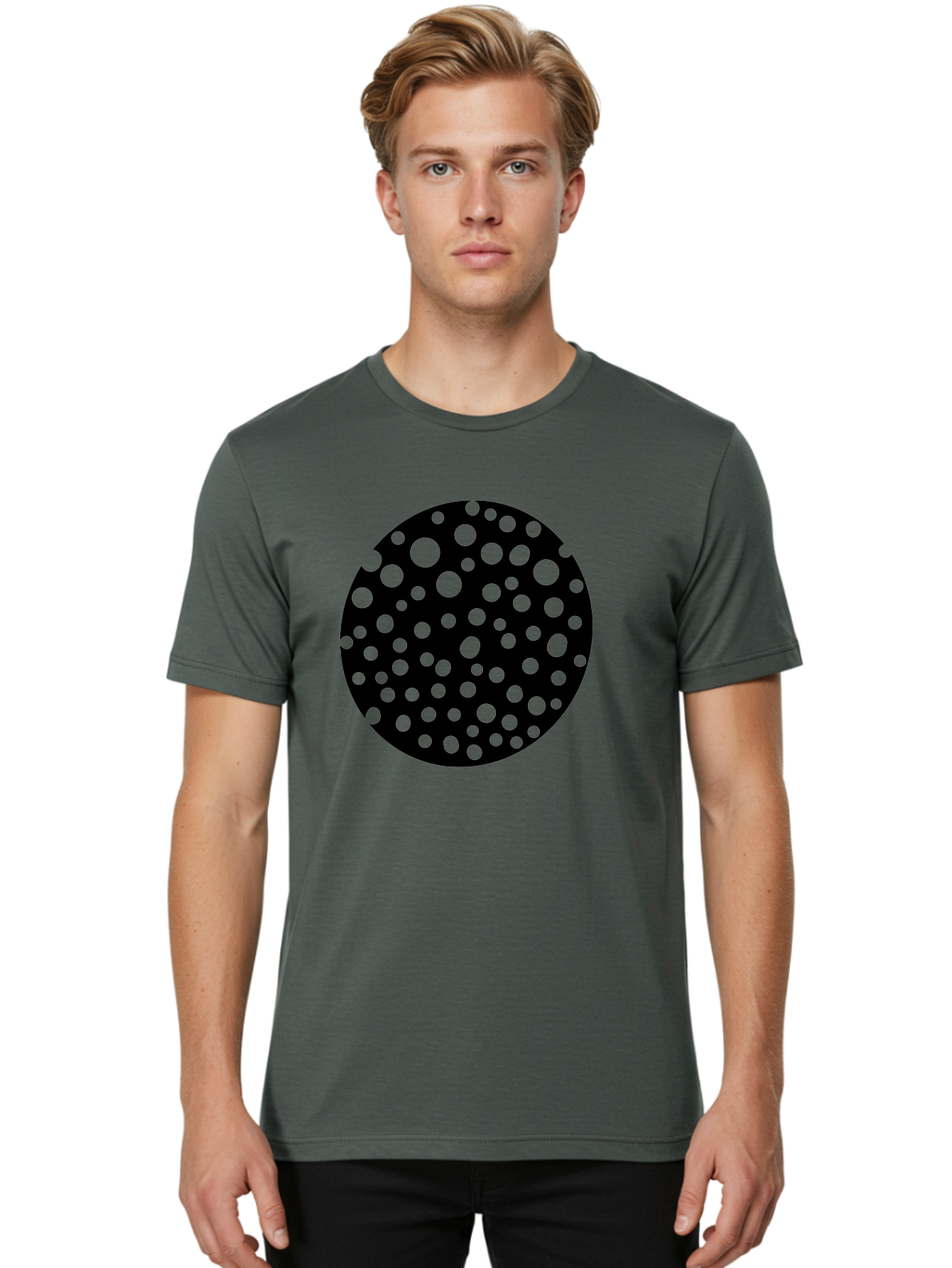 Black-Circle-With-Green-Dots Men'S Graphic Tee, 100% Cotton, Comfortable Casual Summer Wear, Machine Washable, Black Circle, Green Dots, Graphic Design, Abstract Art, Modern Pattern, Geometric Shapes, Simple Design, Bold Colors, -  Aaa368 28