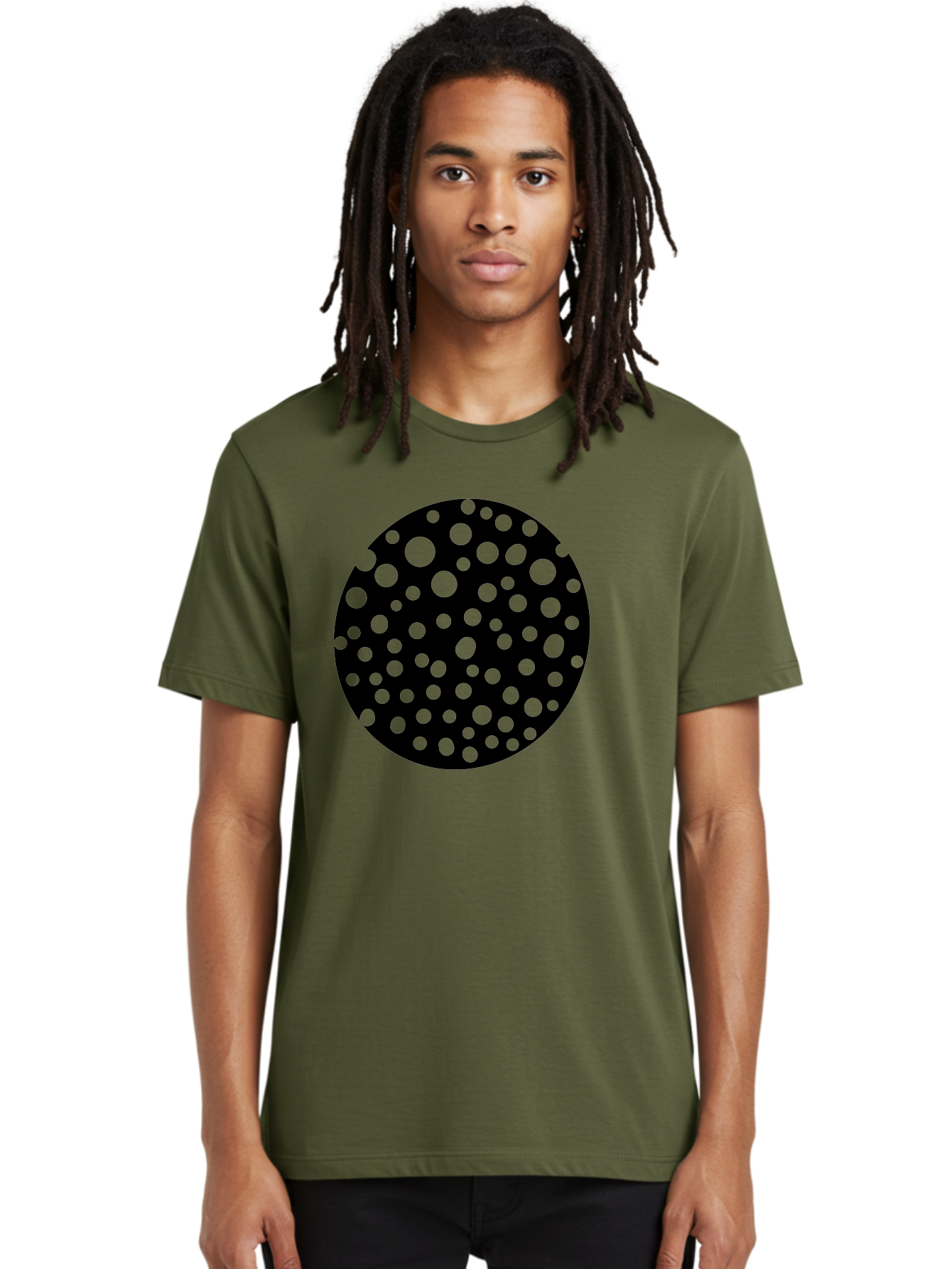 Black-Circle-With-Green-Dots Men'S Graphic Tee, 100% Cotton, Comfortable Casual Summer Wear, Machine Washable, Black Circle, Green Dots, Graphic Design, Abstract Art, Modern Pattern, Geometric Shapes, Simple Design, Bold Colors, -  Aaa368 30