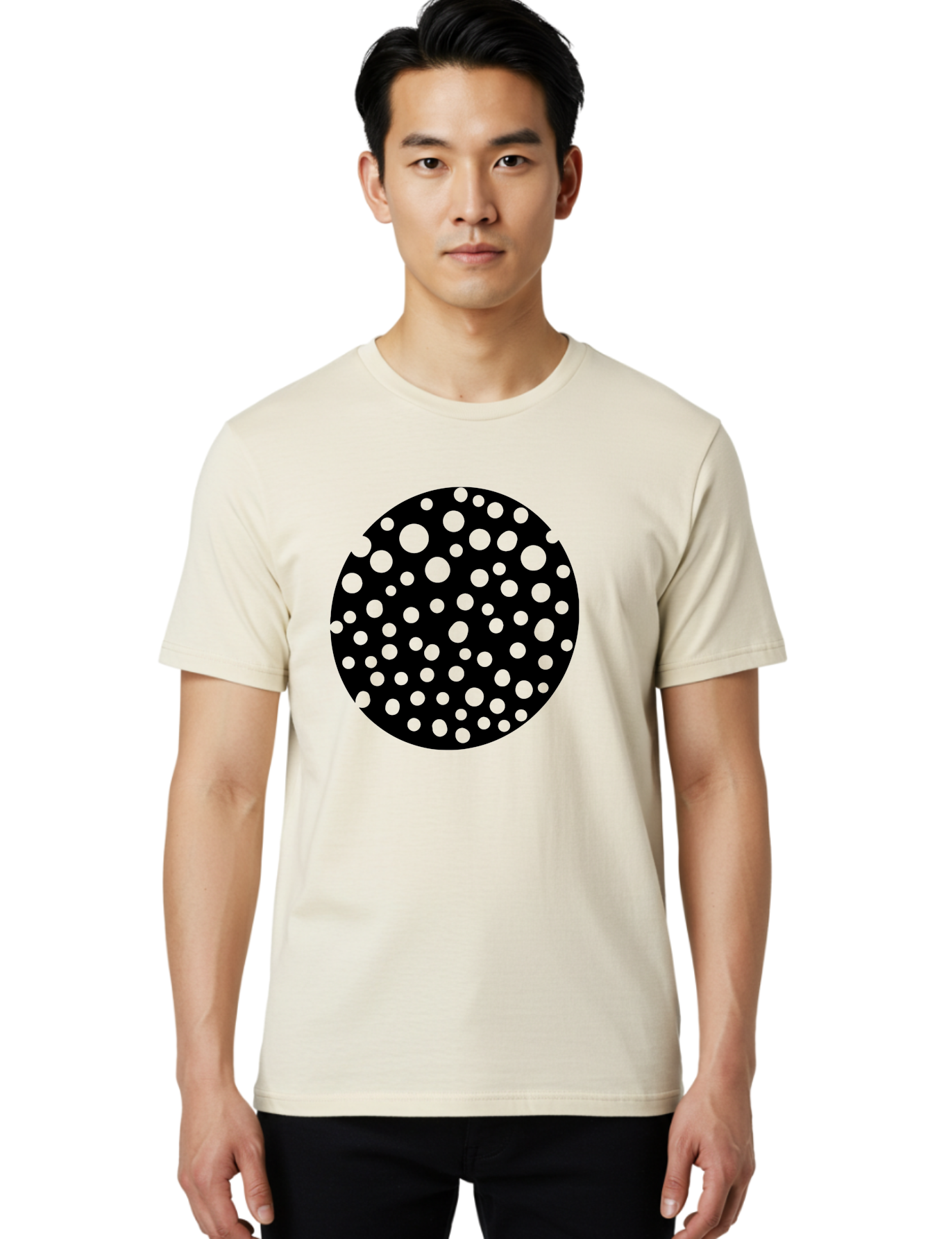 Black-Circle-With-Green-Dots Men'S Graphic Tee, 100% Cotton, Comfortable Casual Summer Wear, Machine Washable, Black Circle, Green Dots, Graphic Design, Abstract Art, Modern Pattern, Geometric Shapes, Simple Design, Bold Colors, -  Aaa368 22