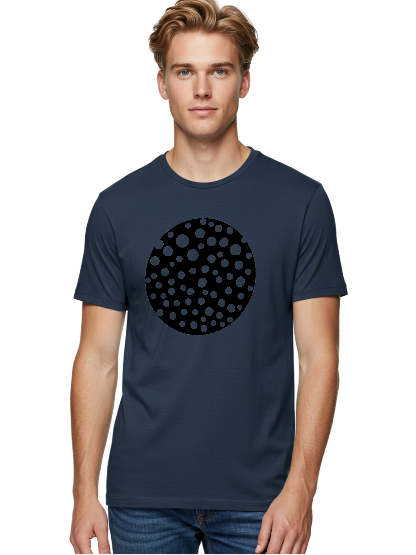Black-Circle-With-Green-Dots Men'S Graphic Tee, 100% Cotton, Comfortable Casual Summer Wear, Machine Washable, Black Circle, Green Dots, Graphic Design, Abstract Art, Modern Pattern, Geometric Shapes, Simple Design, Bold Colors, -  Aaa368 12