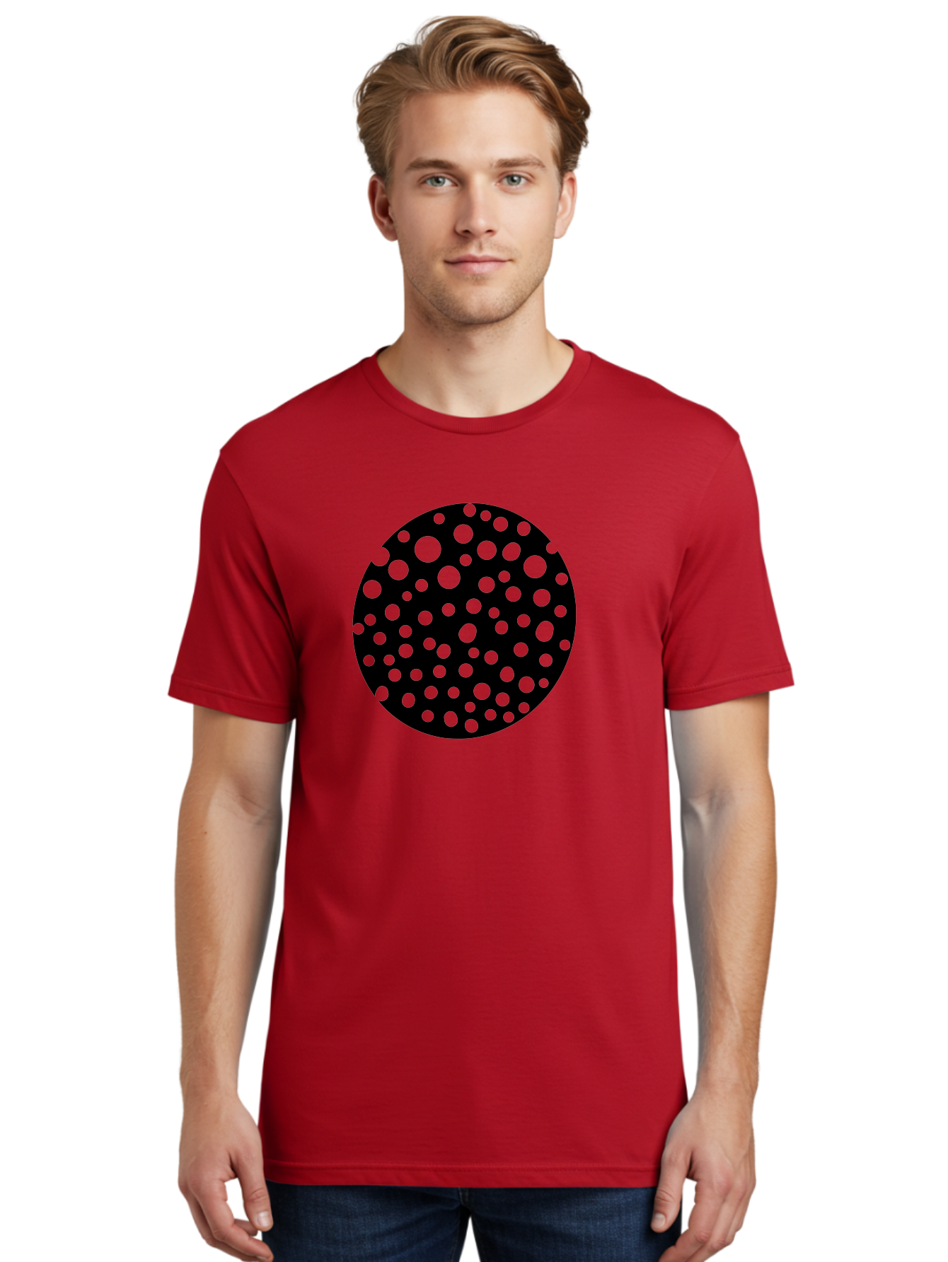 Black-Circle-With-Green-Dots Men'S Graphic Tee, 100% Cotton, Comfortable Casual Summer Wear, Machine Washable, Black Circle, Green Dots, Graphic Design, Abstract Art, Modern Pattern, Geometric Shapes, Simple Design, Bold Colors, -  Aaa368 14