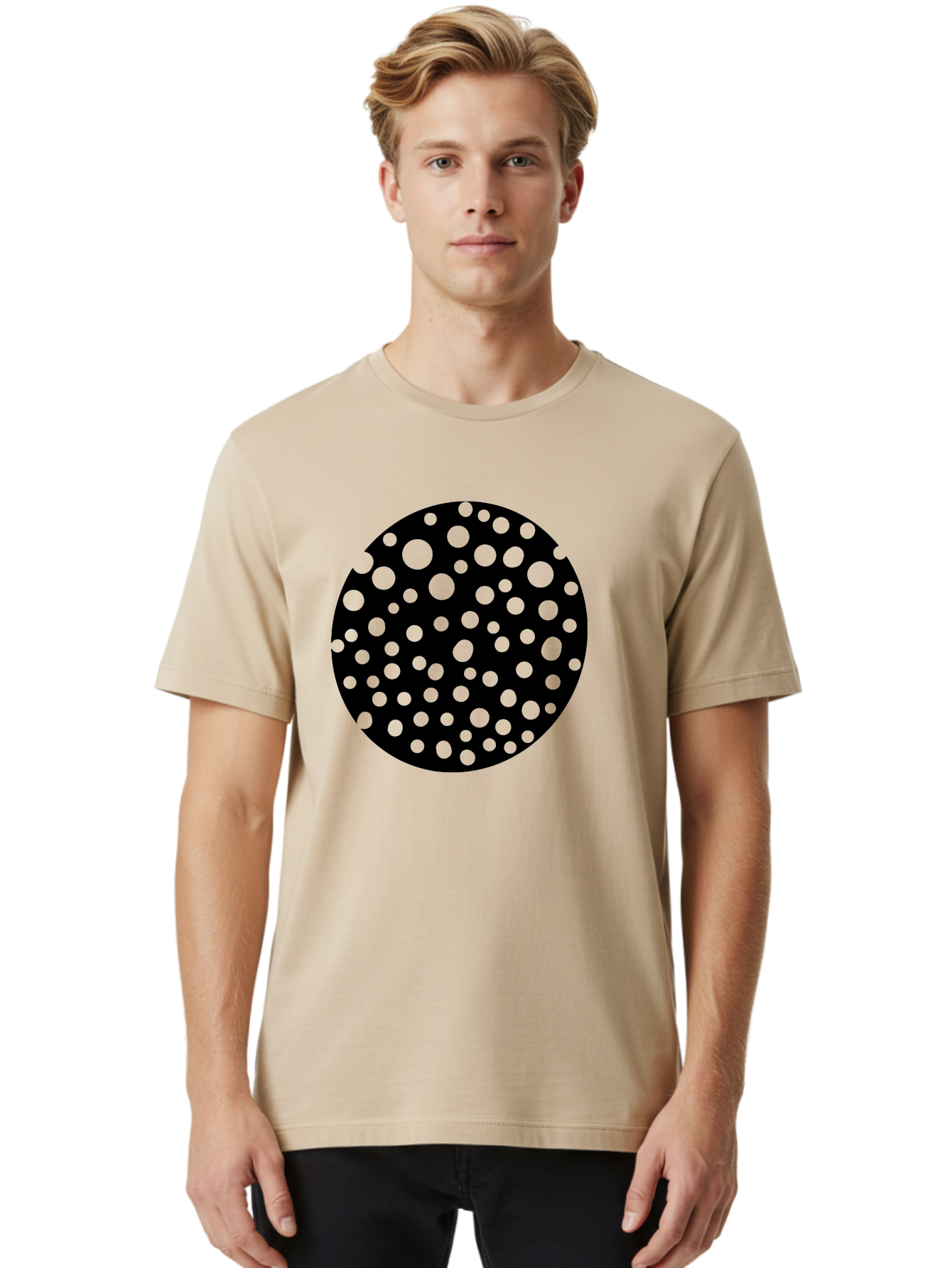 Black-Circle-With-Green-Dots Men'S Graphic Tee, 100% Cotton, Comfortable Casual Summer Wear, Machine Washable, Black Circle, Green Dots, Graphic Design, Abstract Art, Modern Pattern, Geometric Shapes, Simple Design, Bold Colors, -  Aaa368 20