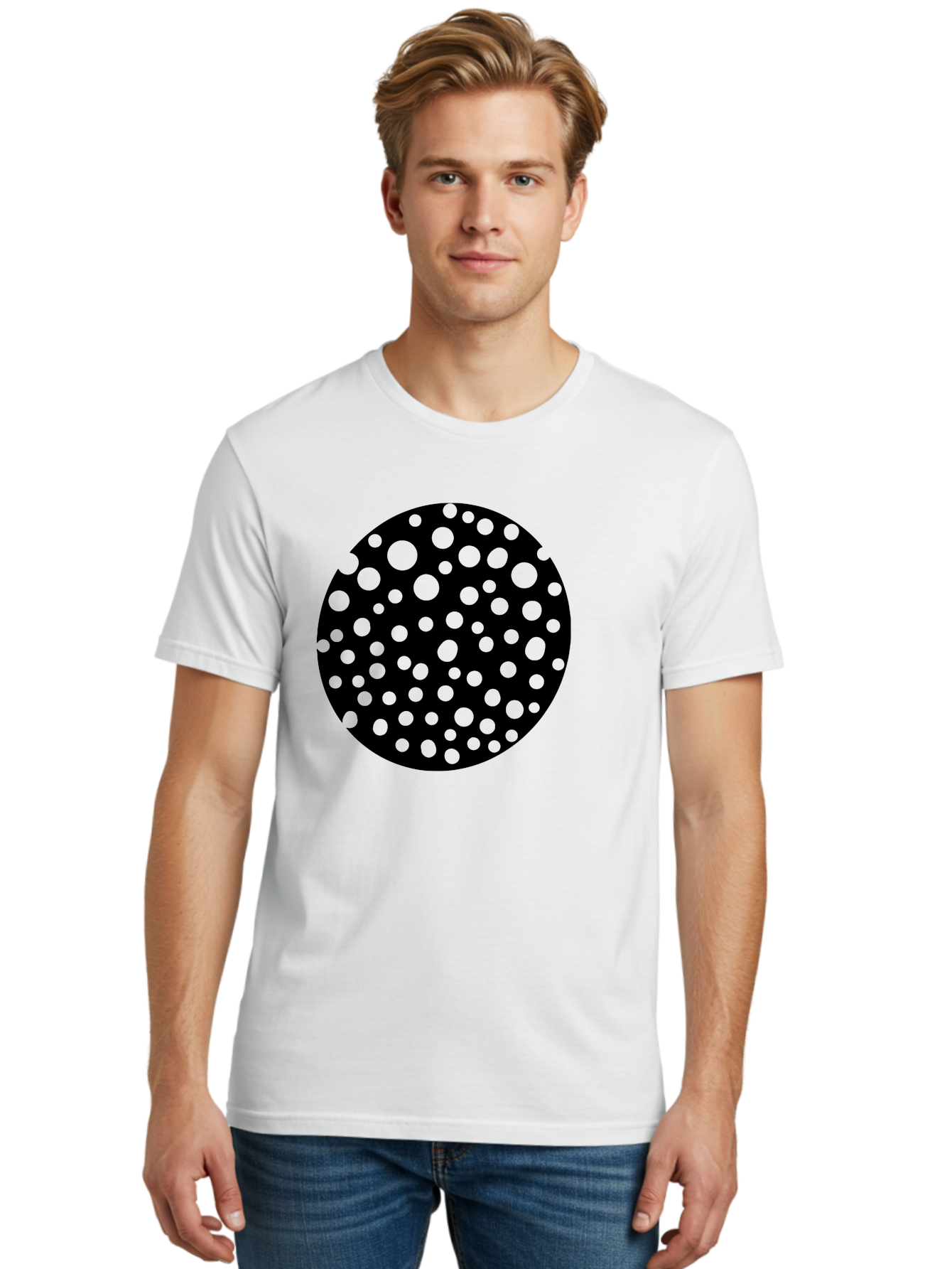 Black-Circle-With-Green-Dots Men'S Graphic Tee, 100% Cotton, Comfortable Casual Summer Wear, Machine Washable, Black Circle, Green Dots, Graphic Design, Abstract Art, Modern Pattern, Geometric Shapes, Simple Design, Bold Colors, -  Aaa368 8