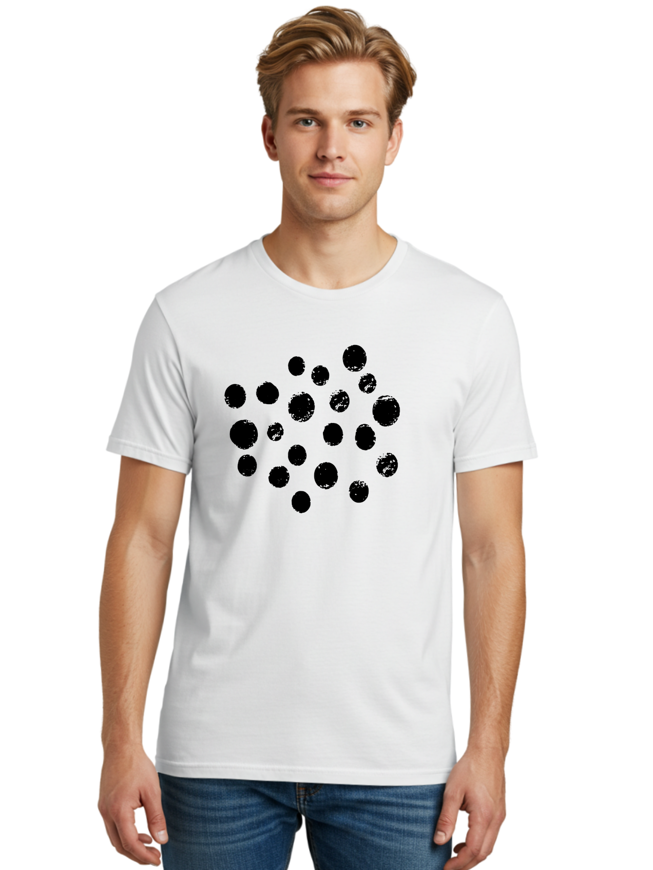 Black-Dots Men'S Graphic Tee, 100% Cotton, Comfortable Casual Summer Wear, Machine Washable, Black Dots, Scattered Dots, Round Shapes, Abstract Design, Creative Pattern, Artistic Elements, Modern Graphic, Simple Shapes -  Aaa372 20