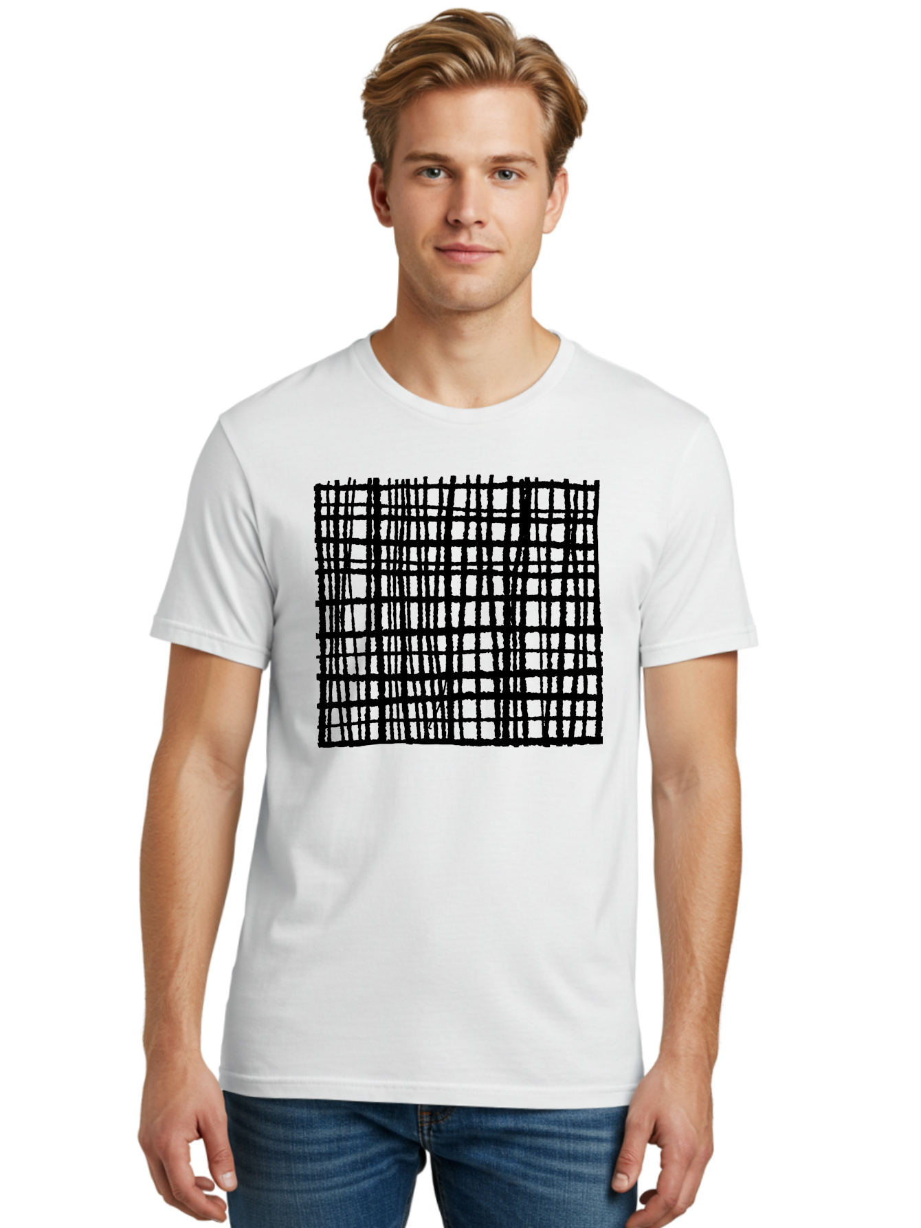 Black-Grid Men'S Graphic Tee, 100% Cotton, Comfortable Casual Summer Wear, Machine Washable, Black Grid Pattern, Graphic Design, Abstract Art, Geometric Shape, Modern Style, Contemporary Design, Grid Texture -  Aaa376 24