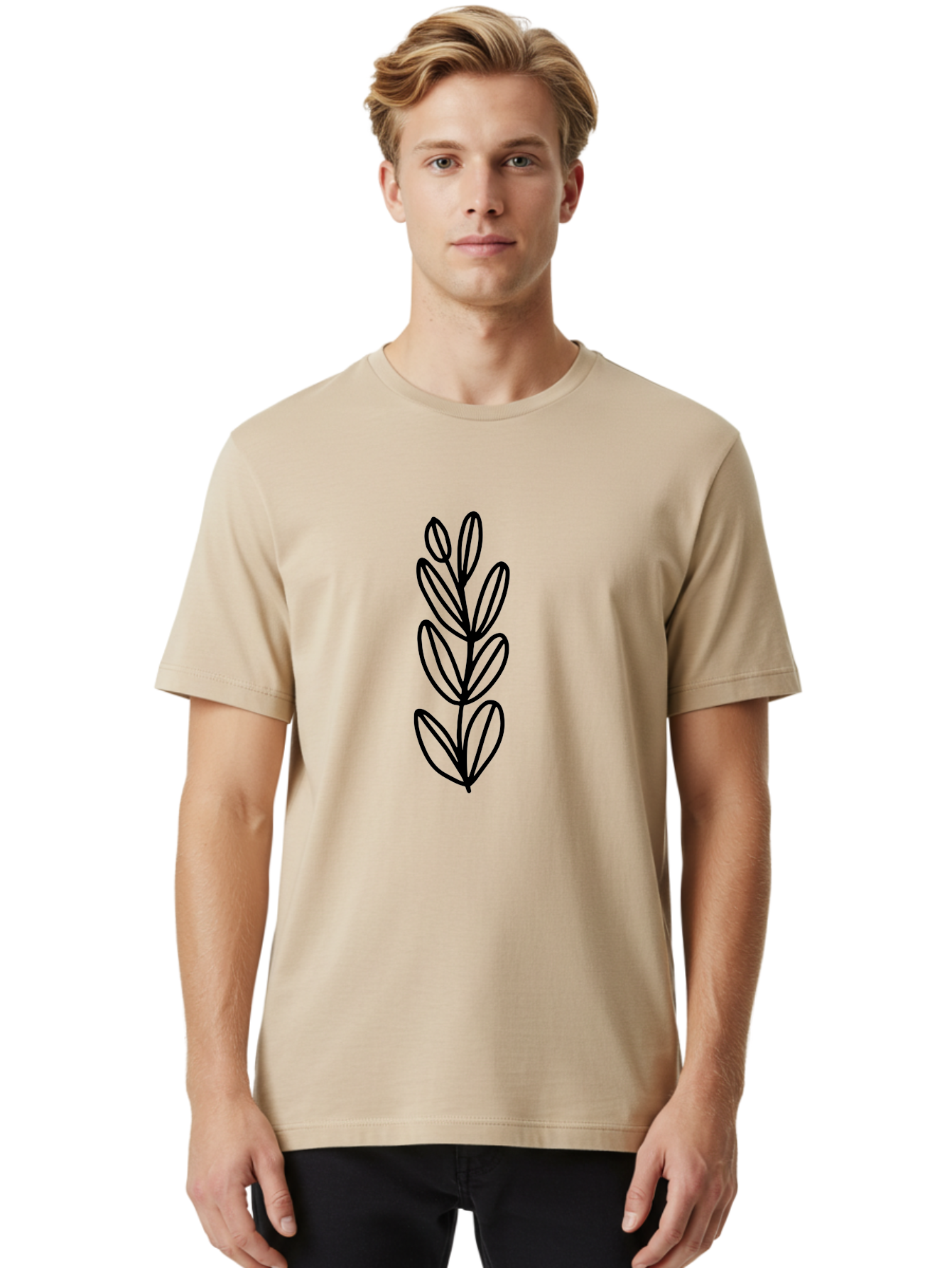 Black-Leaves Men'S Graphic Tee, 100% Cotton, Comfortable Casual Summer Wear, Machine Washable, Simple Plant Illustration, Minimalist Design, Black Outline, Leafy Greens, Botanical Art, Modern Simplicity, Graphic Design Element -  Aaa384 6