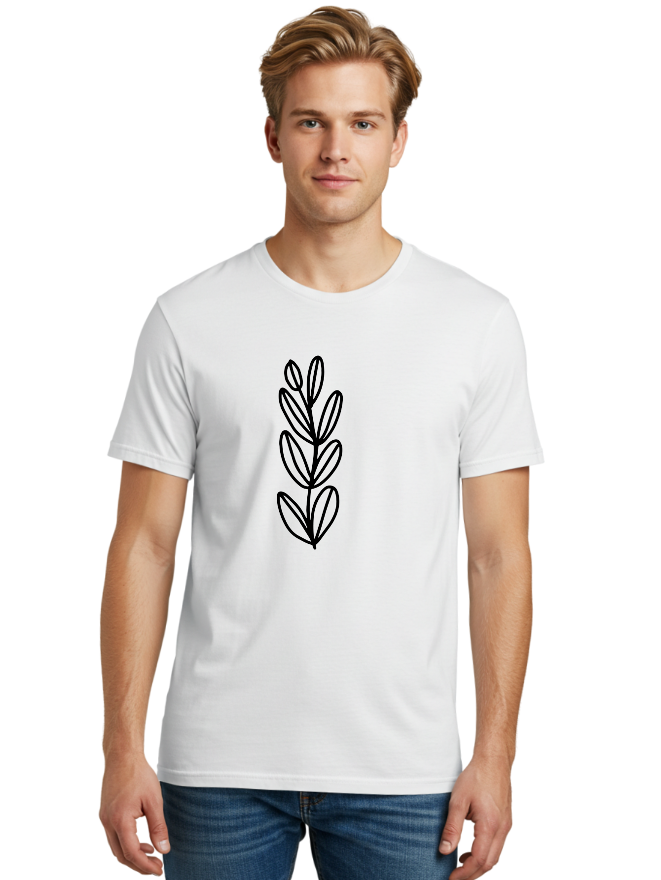 Black-Leaves Men'S Graphic Tee, 100% Cotton, Comfortable Casual Summer Wear, Machine Washable, Simple Plant Illustration, Minimalist Design, Black Outline, Leafy Greens, Botanical Art, Modern Simplicity, Graphic Design Element -  Aaa384 18